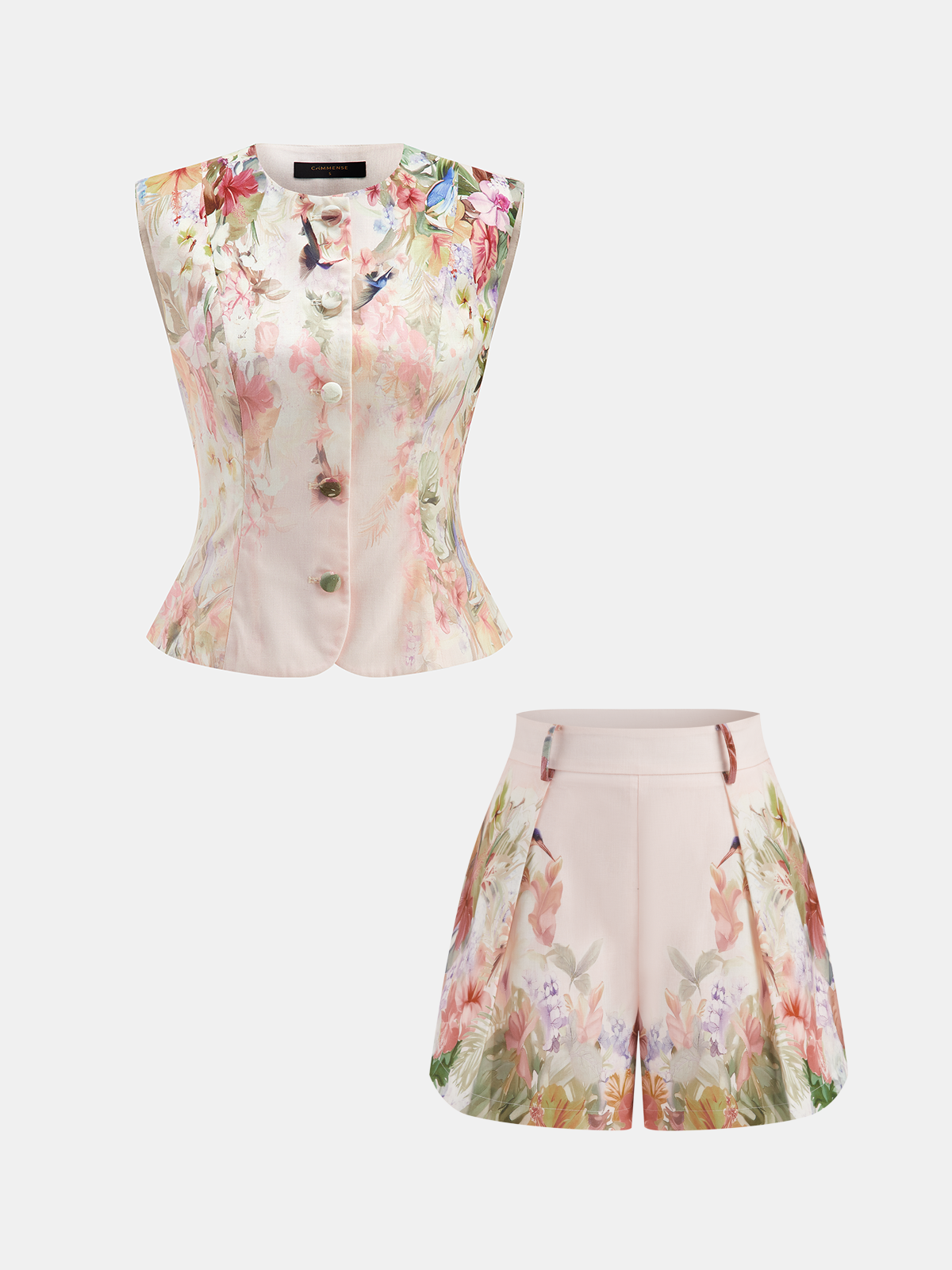 Watercolor Floral Print Vest & Pleated Shorts Set for Women Spring/Summer Fashion