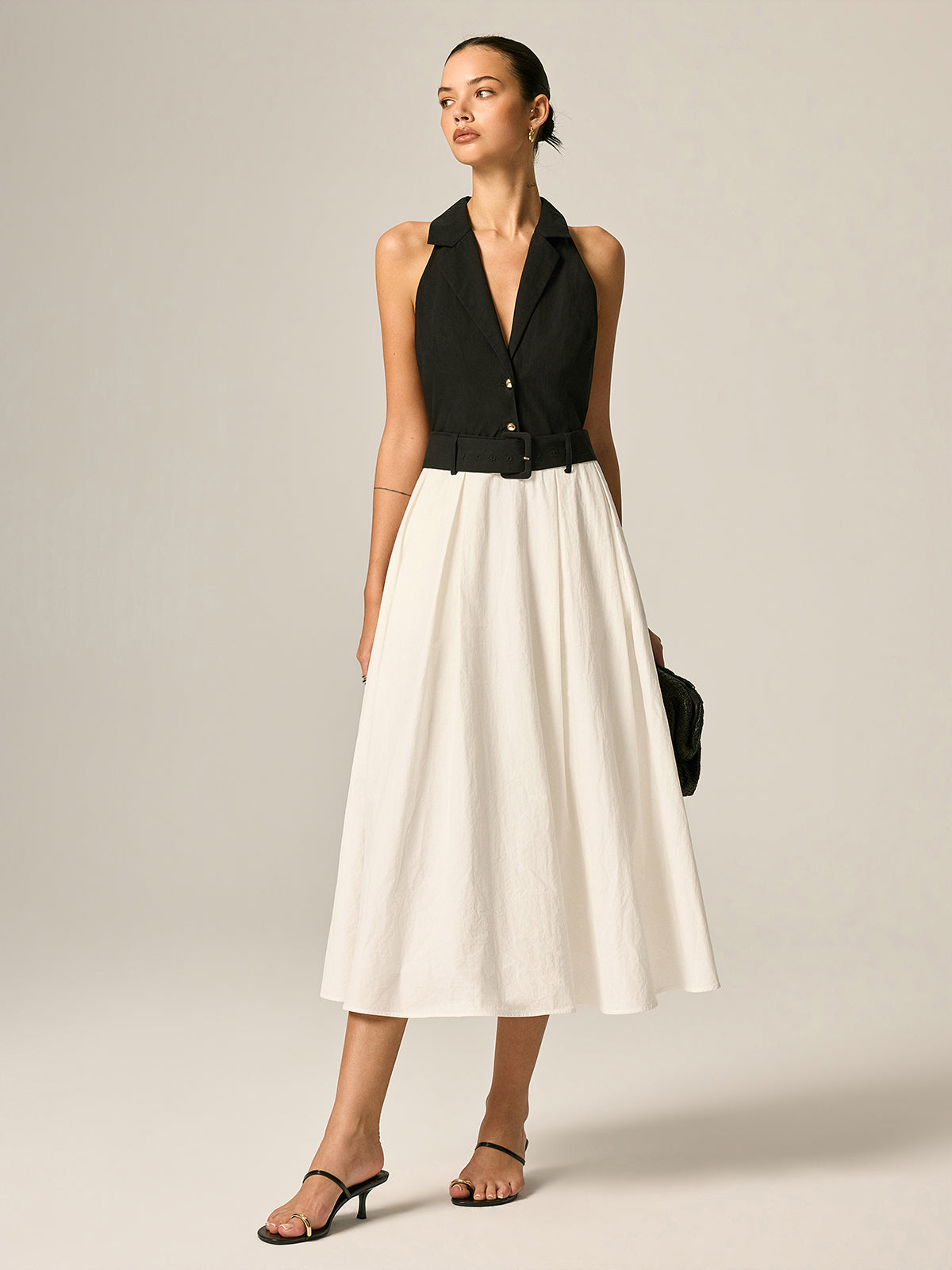 Lapel Belted Color Block Maxi Dress for Women Elegant Casual