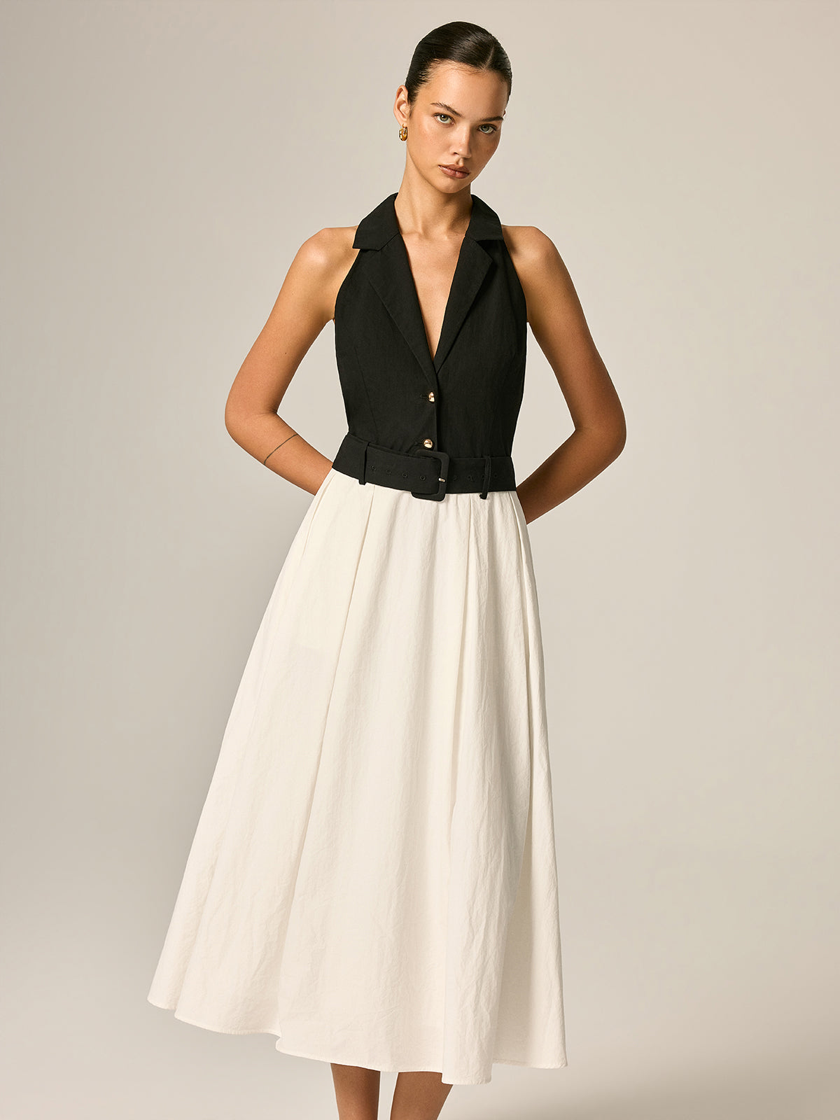 Lapel Belted Color Block Maxi Dress for Women Elegant Casual