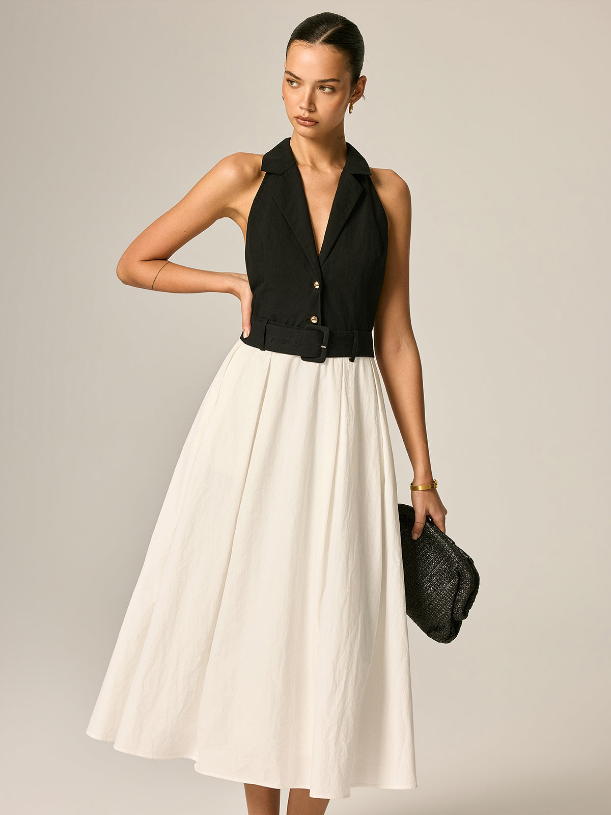 Lapel Belted Color Block Maxi Dress for Women Elegant Casual