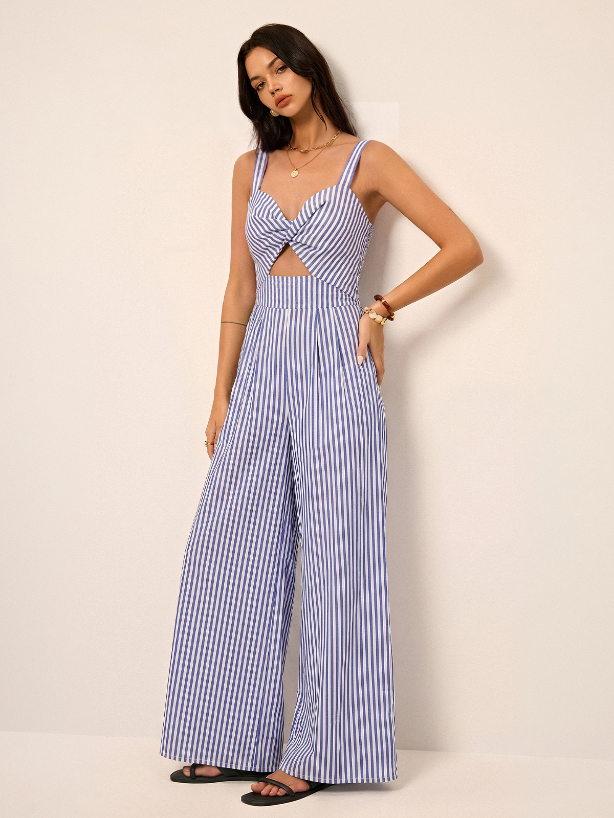 Striped Cut Out Wide Leg Cami Jumpsuit with Tie Waist Detail