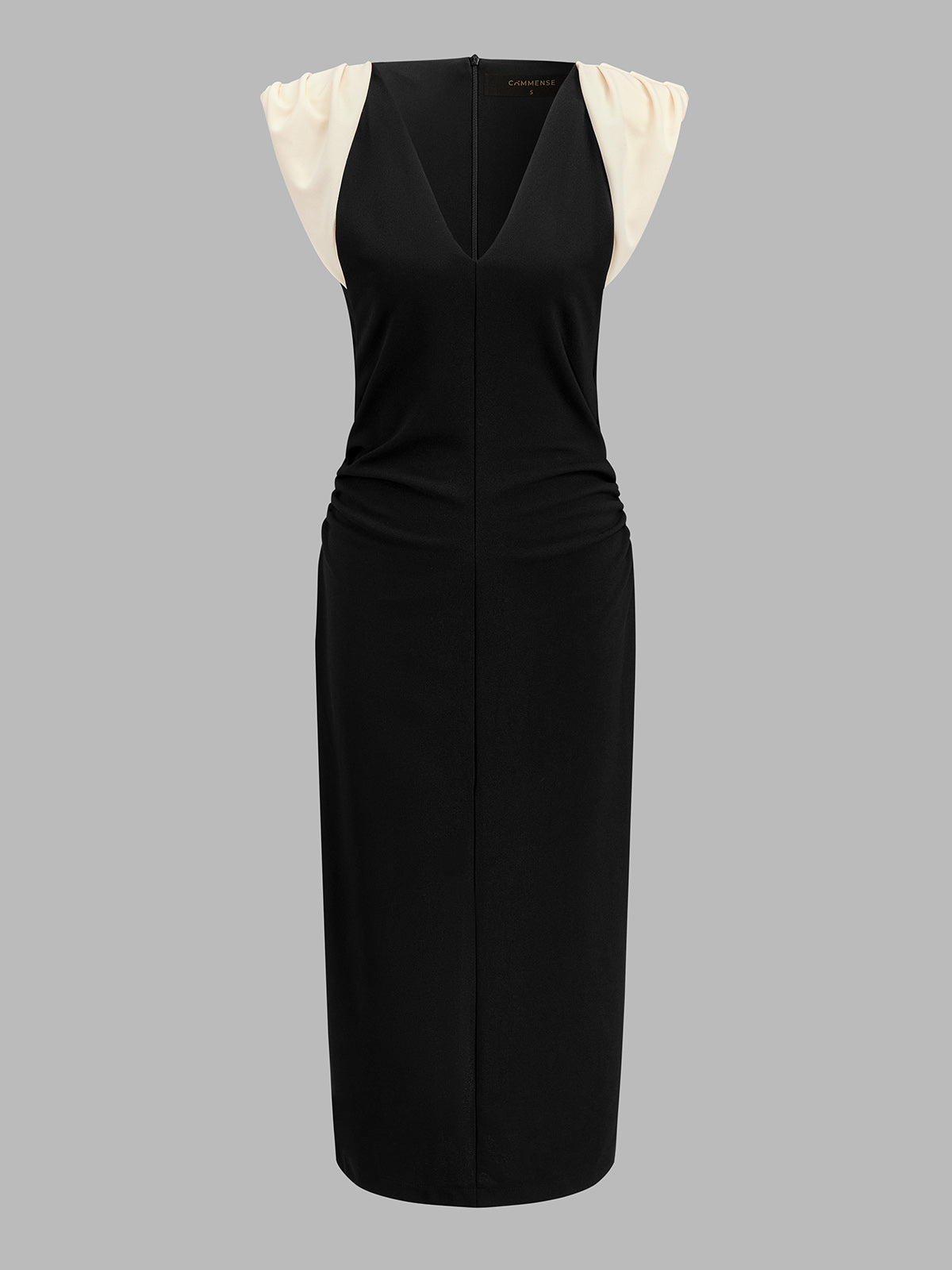 Color Block Ruched V-Neck Midi Dress with Belt Detail for Women