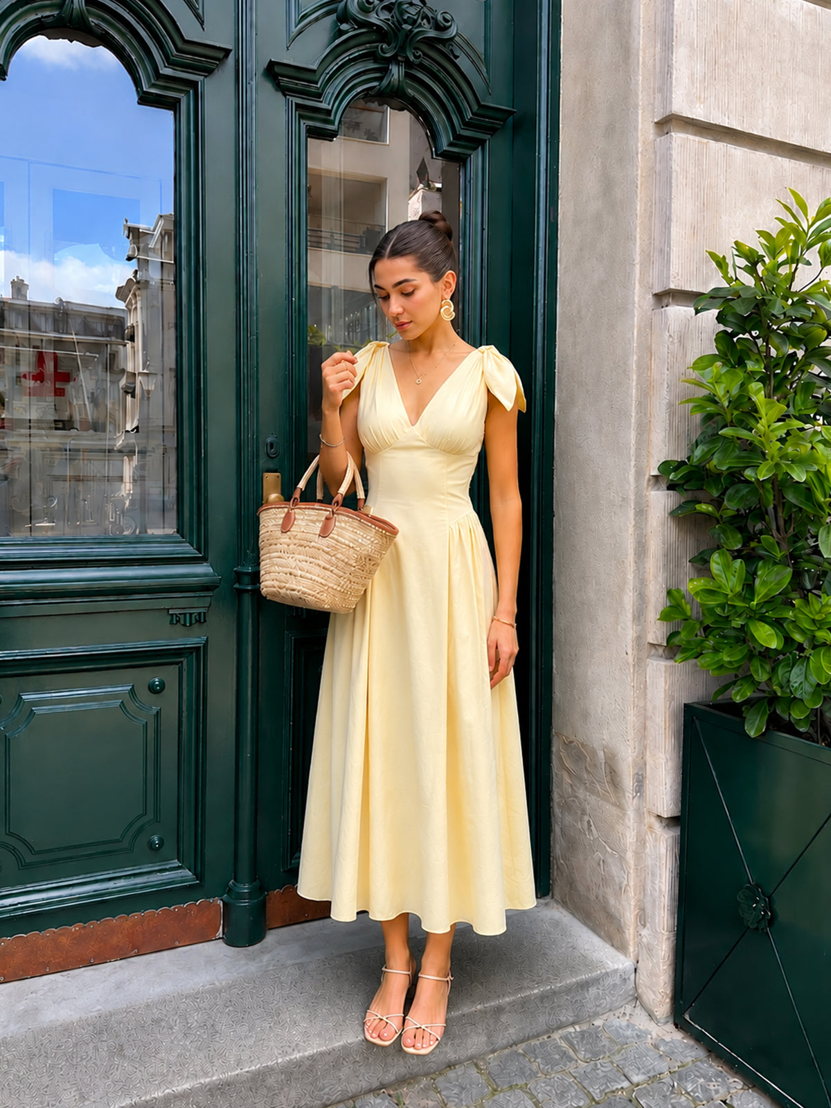 Cross Back Bow Strap Midi Dress with Adjustable Sash Closure
