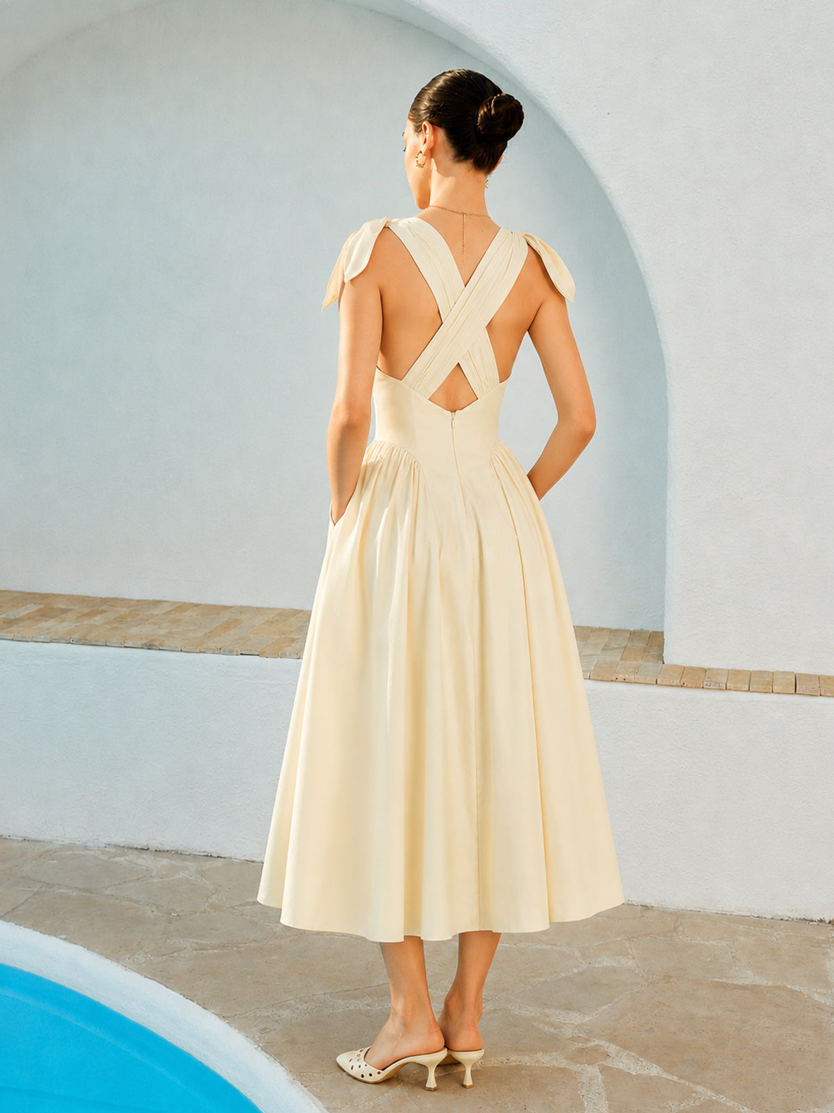 Cross Back Bow Strap Midi Dress with Adjustable Sash Closure