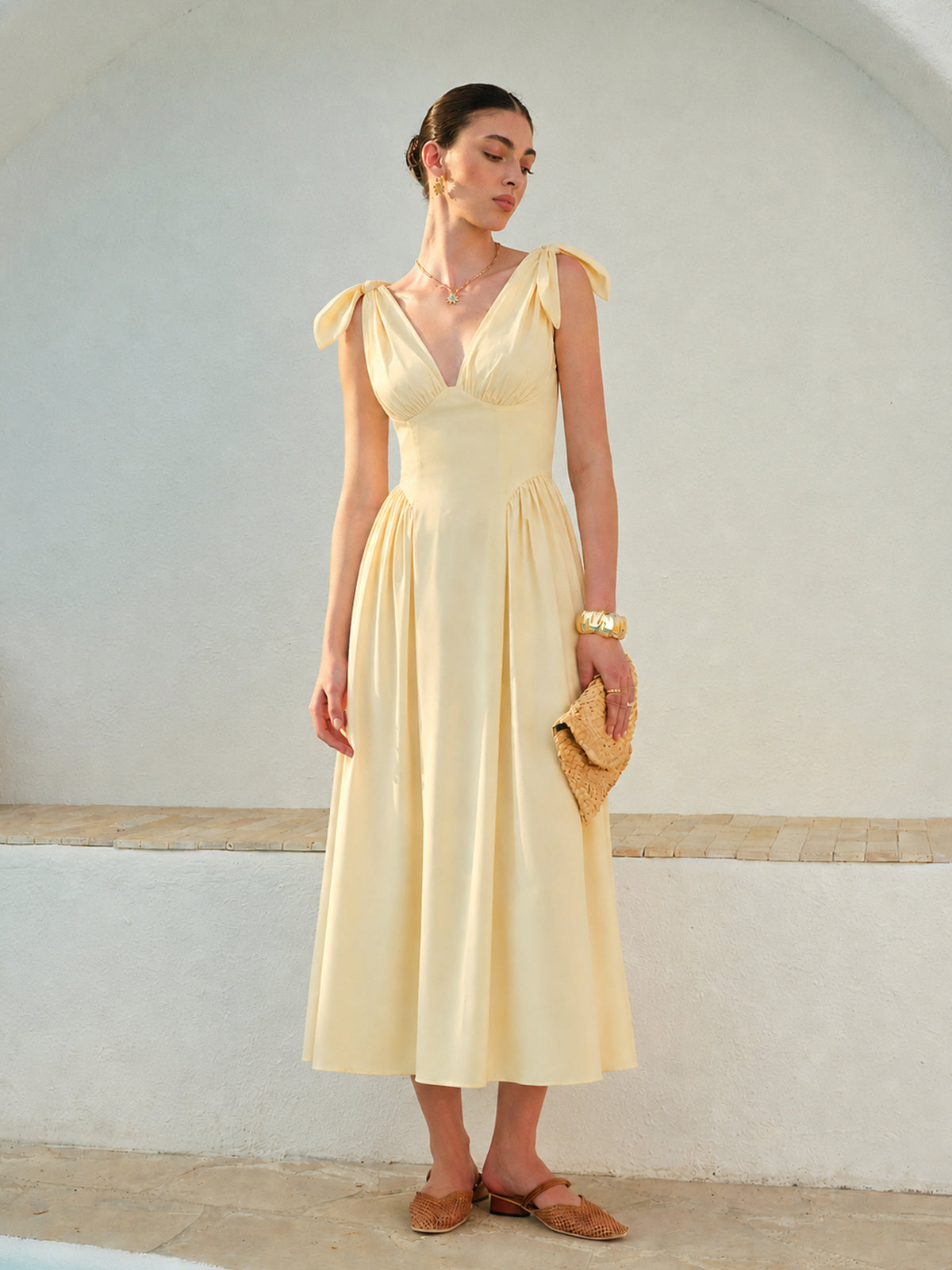 Cross Back Bow Strap Midi Dress with Adjustable Sash Closure