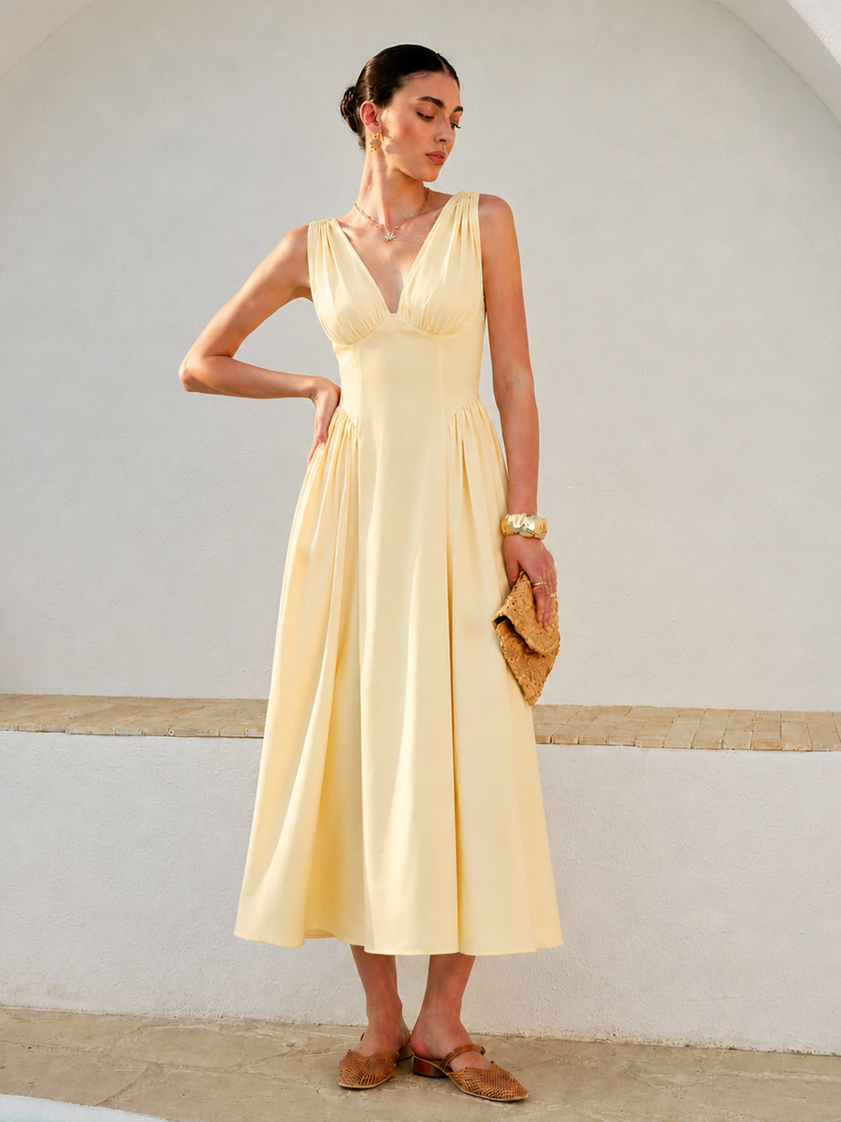 Cross Back Bow Strap Midi Dress with Adjustable Sash Closure