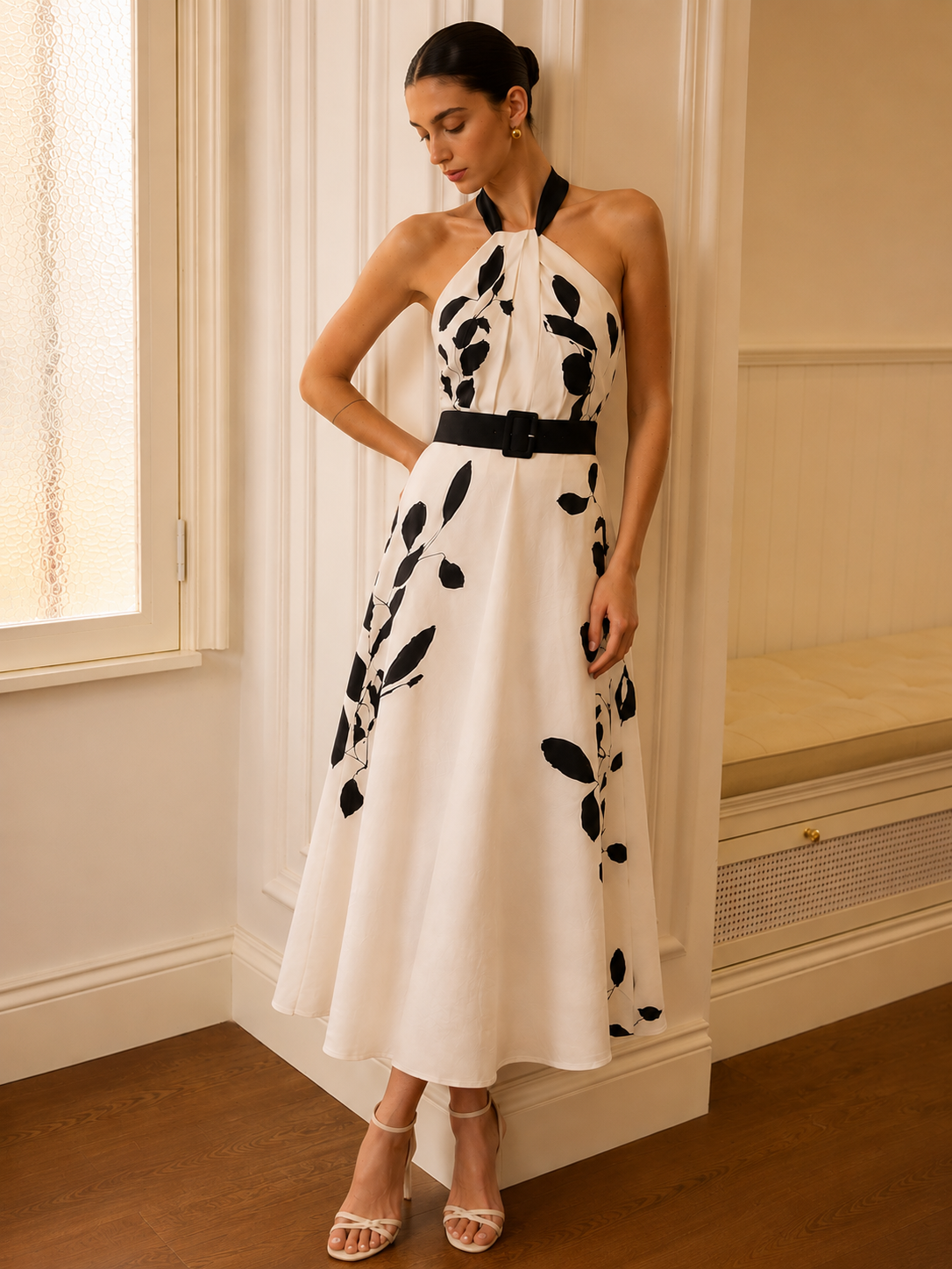 Belted Halter Leaf Print Midi Dress with Adjustable Straps and Flared Hem
