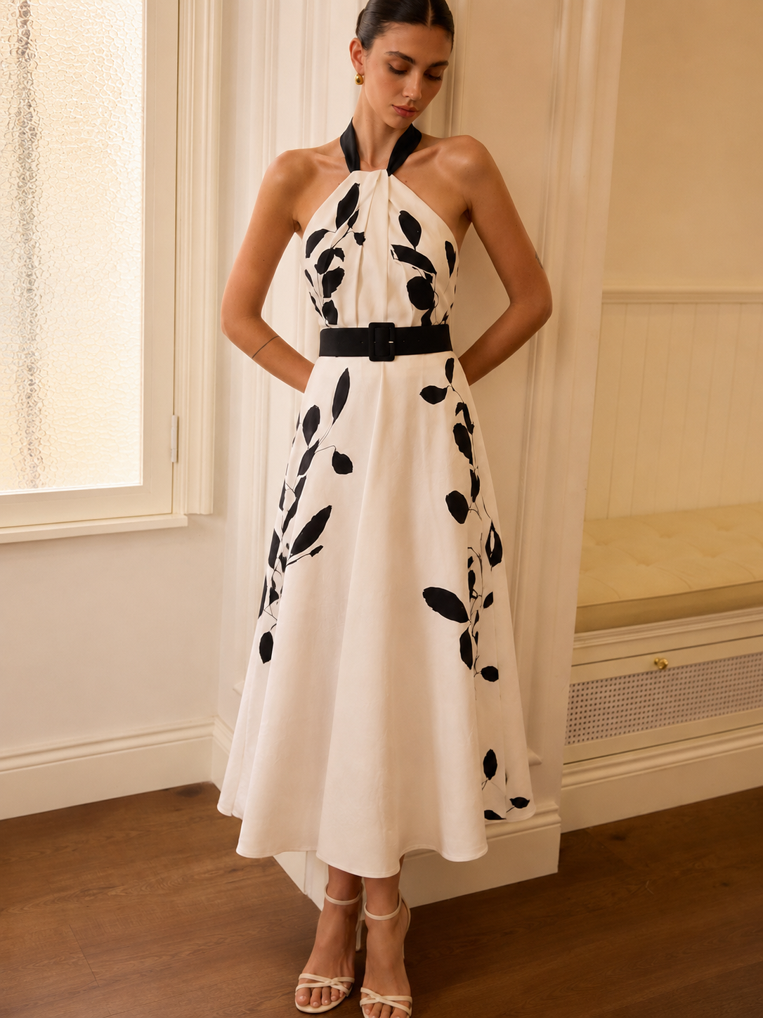 Belted Halter Leaf Print Midi Dress with Adjustable Straps and Flared Hem