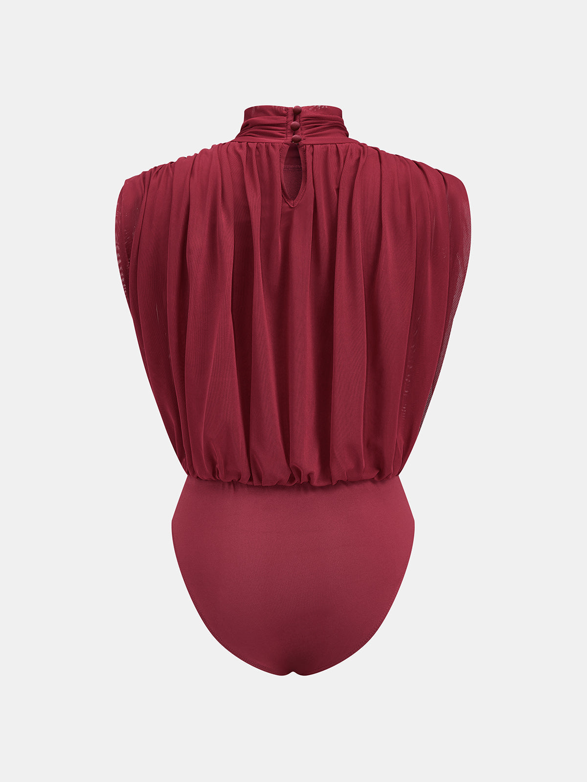 High Neck Ruched Stretch Mesh Bodysuit with Long Sleeves for Women