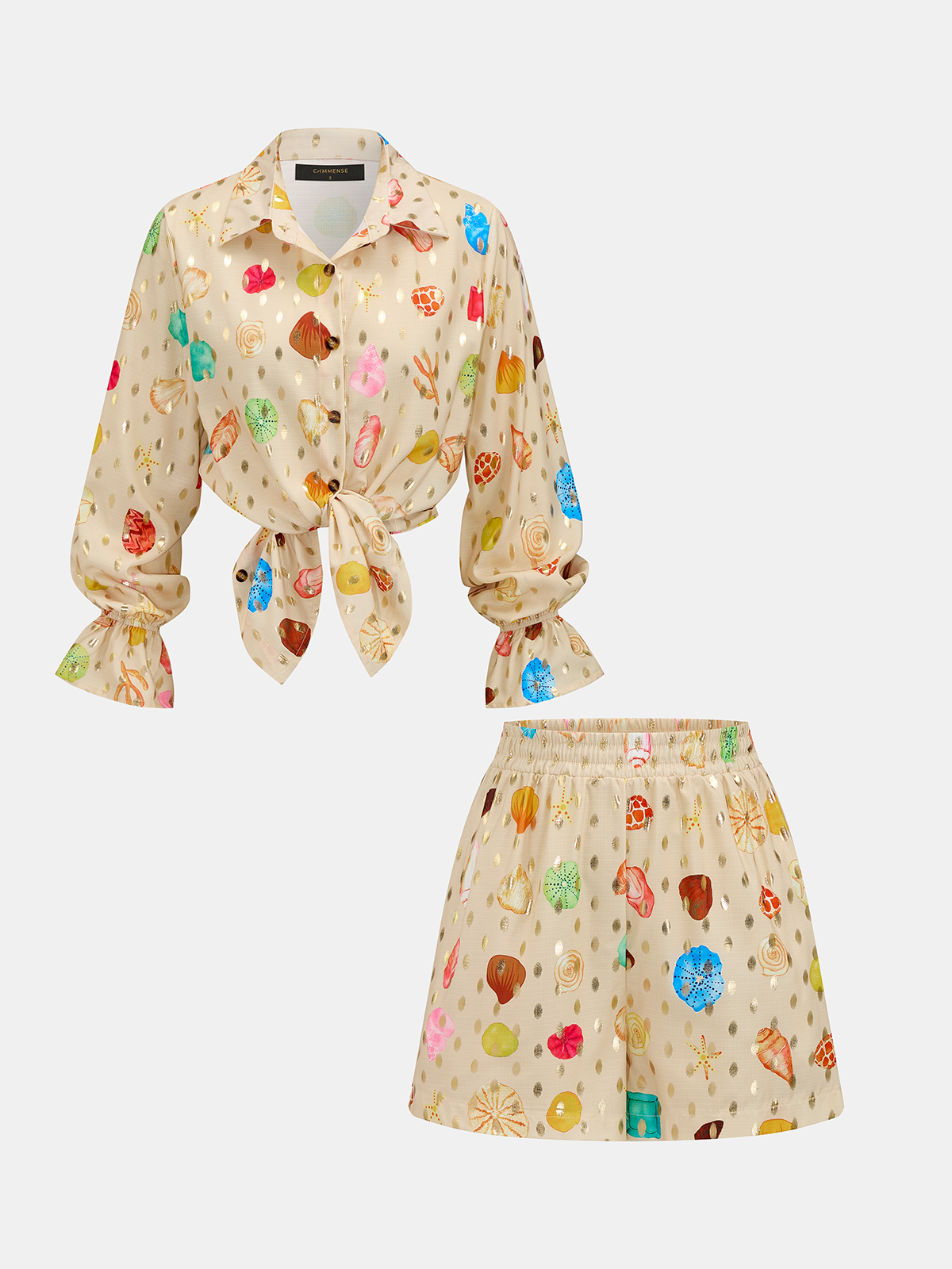 Seashell Print Golden Dot Embellished Kids Two Piece Shorts Set with Pockets