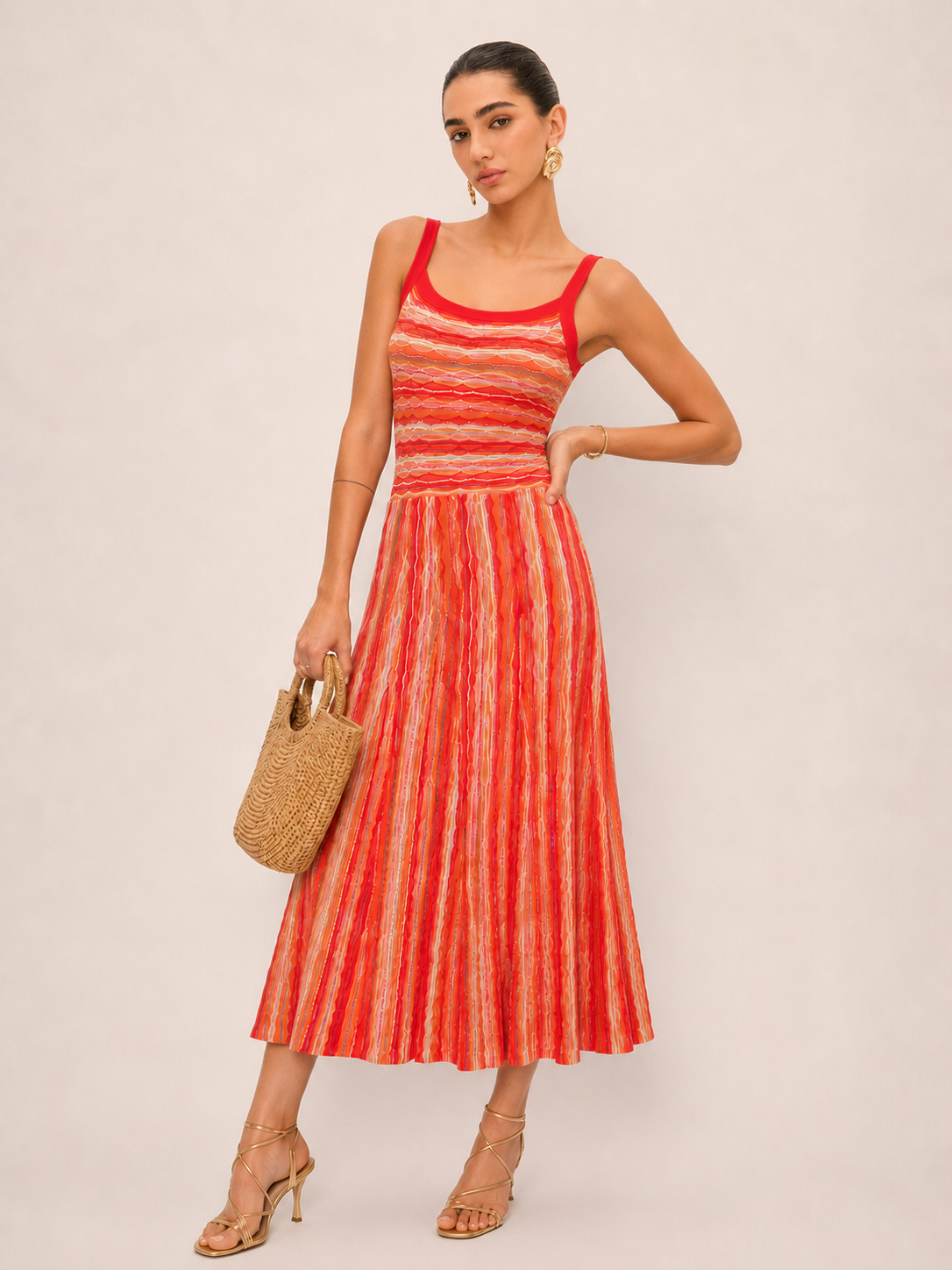 Colorful Stripe Knit Slip Midi Dress Casual Elegant Summer Wear