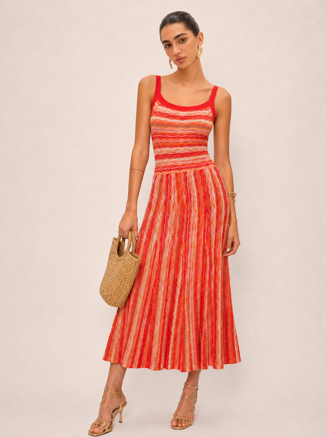 Colorful Stripe Knit Slip Midi Dress Casual Elegant Summer Wear