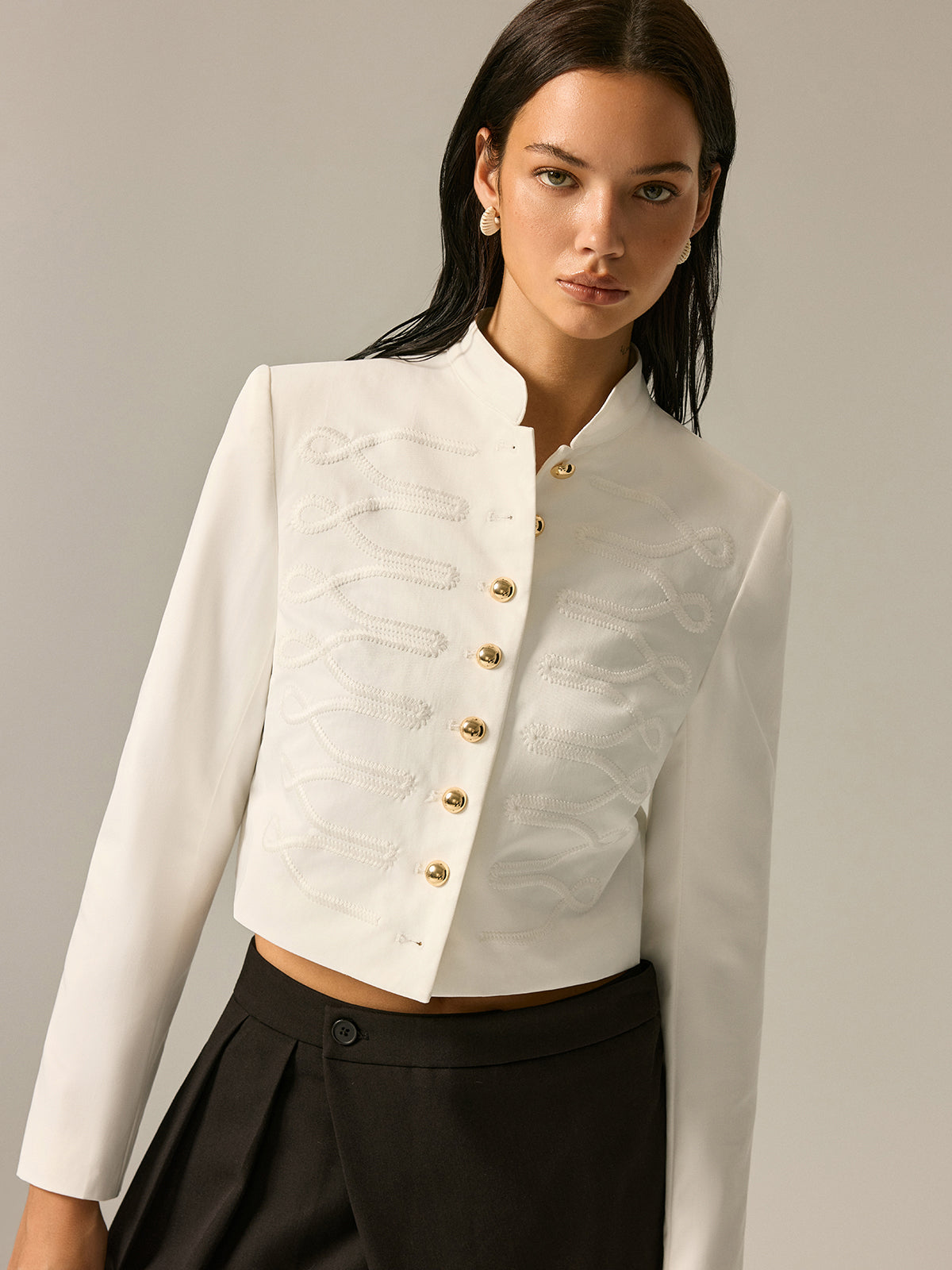 Stand Collar Embroidery Metal Button Jacket with Elegant Design for Men