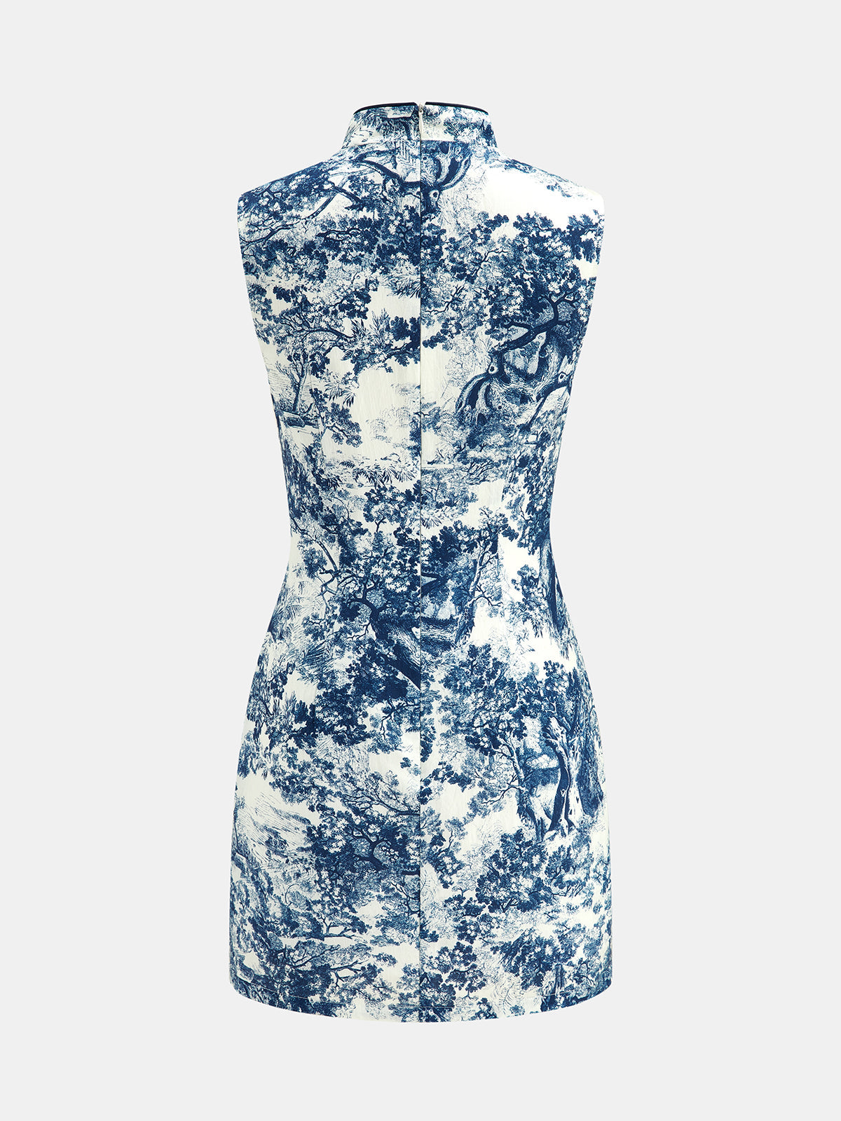 Toile Print Frog Button Sleeveless Mini Dress Women's Vintage Style Summer