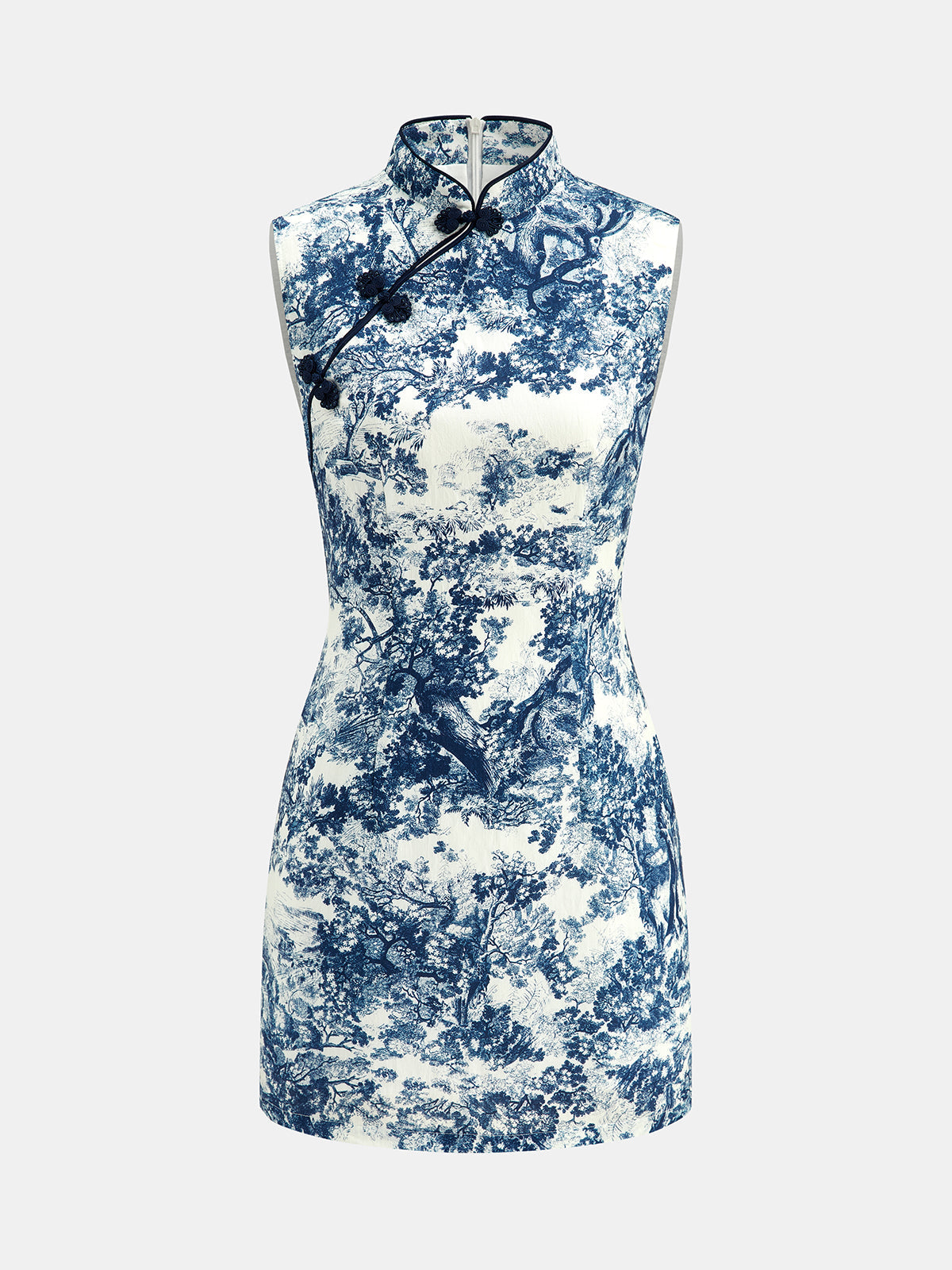 Toile Print Frog Button Sleeveless Mini Dress Women's Vintage Style Summer