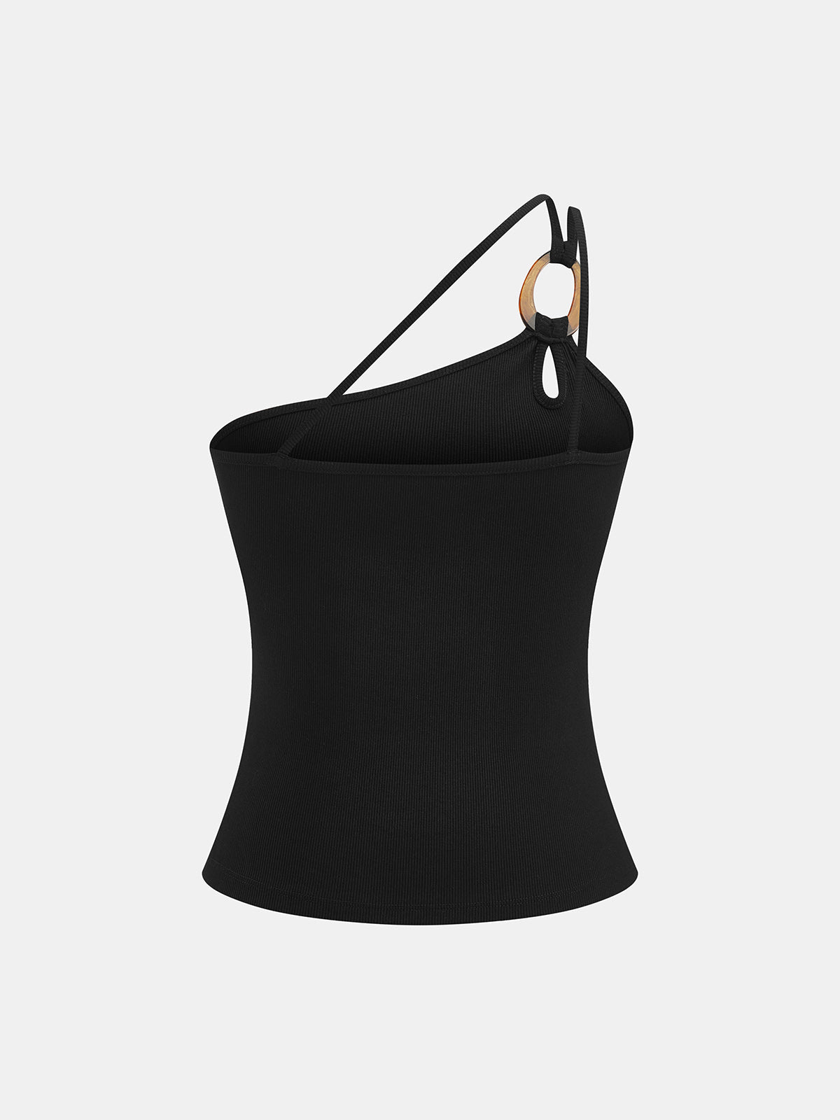 Ring Detail One Shoulder Ribbed Top with Elegant Sleeve Design