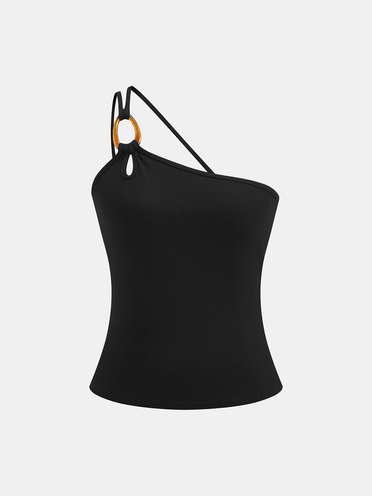 Ring Detail One Shoulder Ribbed Top with Elegant Sleeve Design
