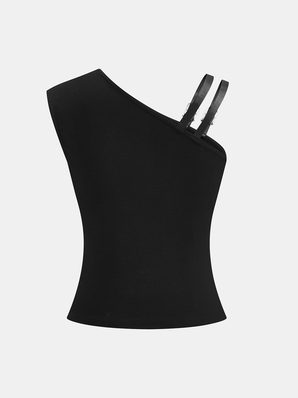 Double Buckle Strap Asymmetric Ribbed Top for Women Casual Wear
