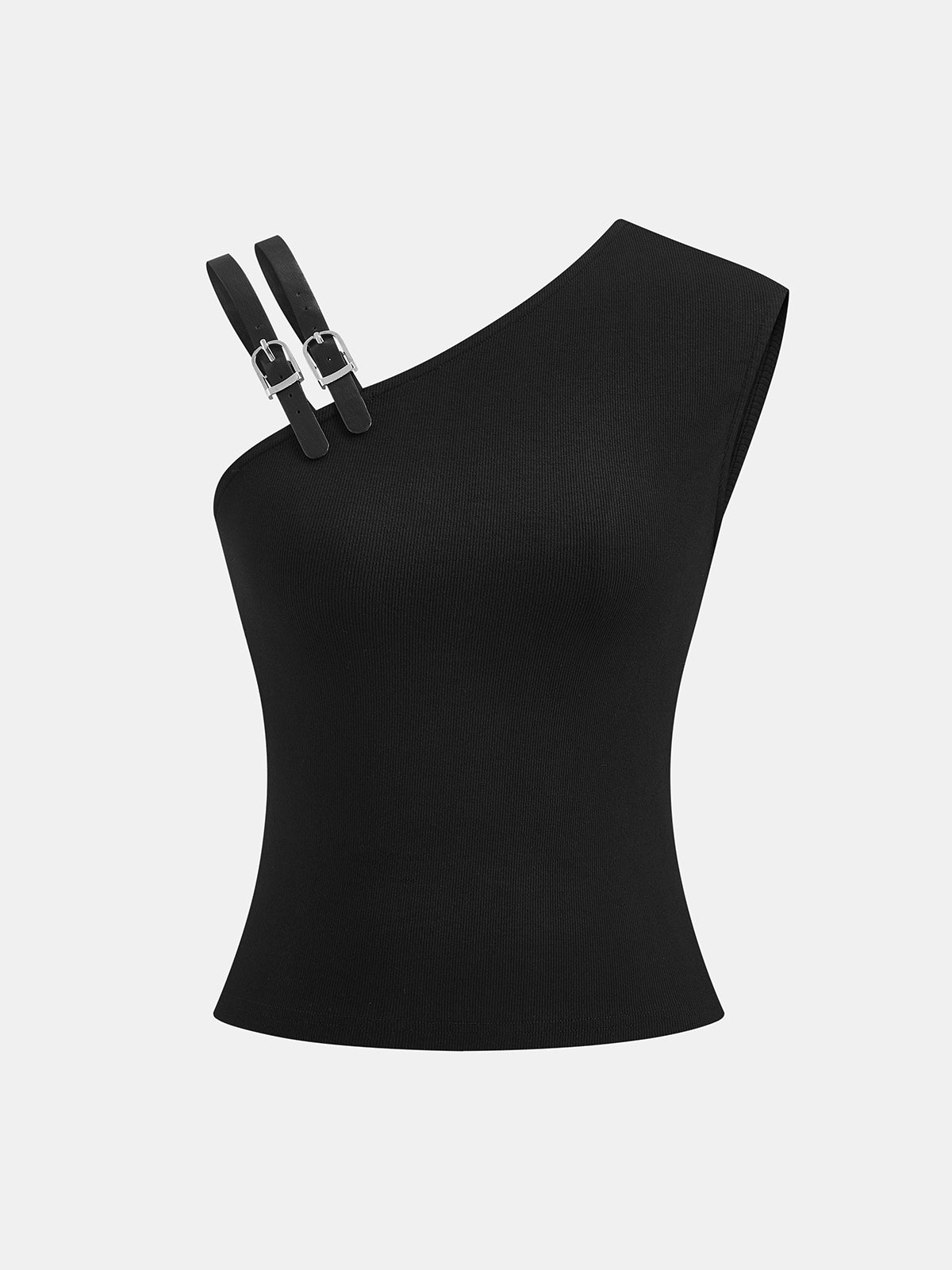 Double Buckle Strap Asymmetric Ribbed Top for Women Casual Wear