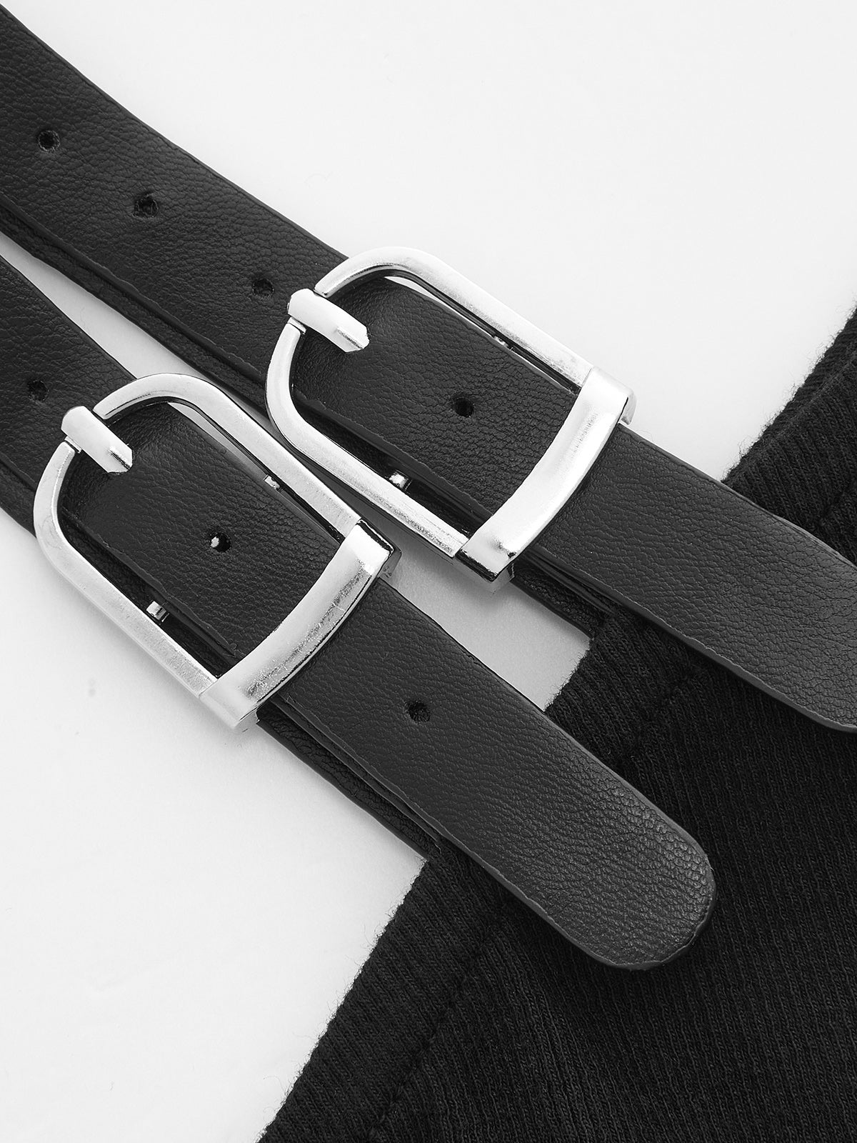 Double Buckle Strap Asymmetric Ribbed Top for Women Casual Wear