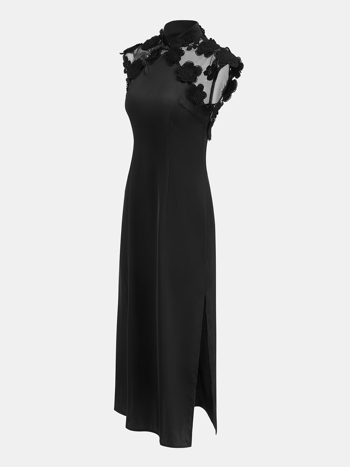 Floral Appliqué Sheer Back Mandarin Collar Maxi Dress for Special Occasions