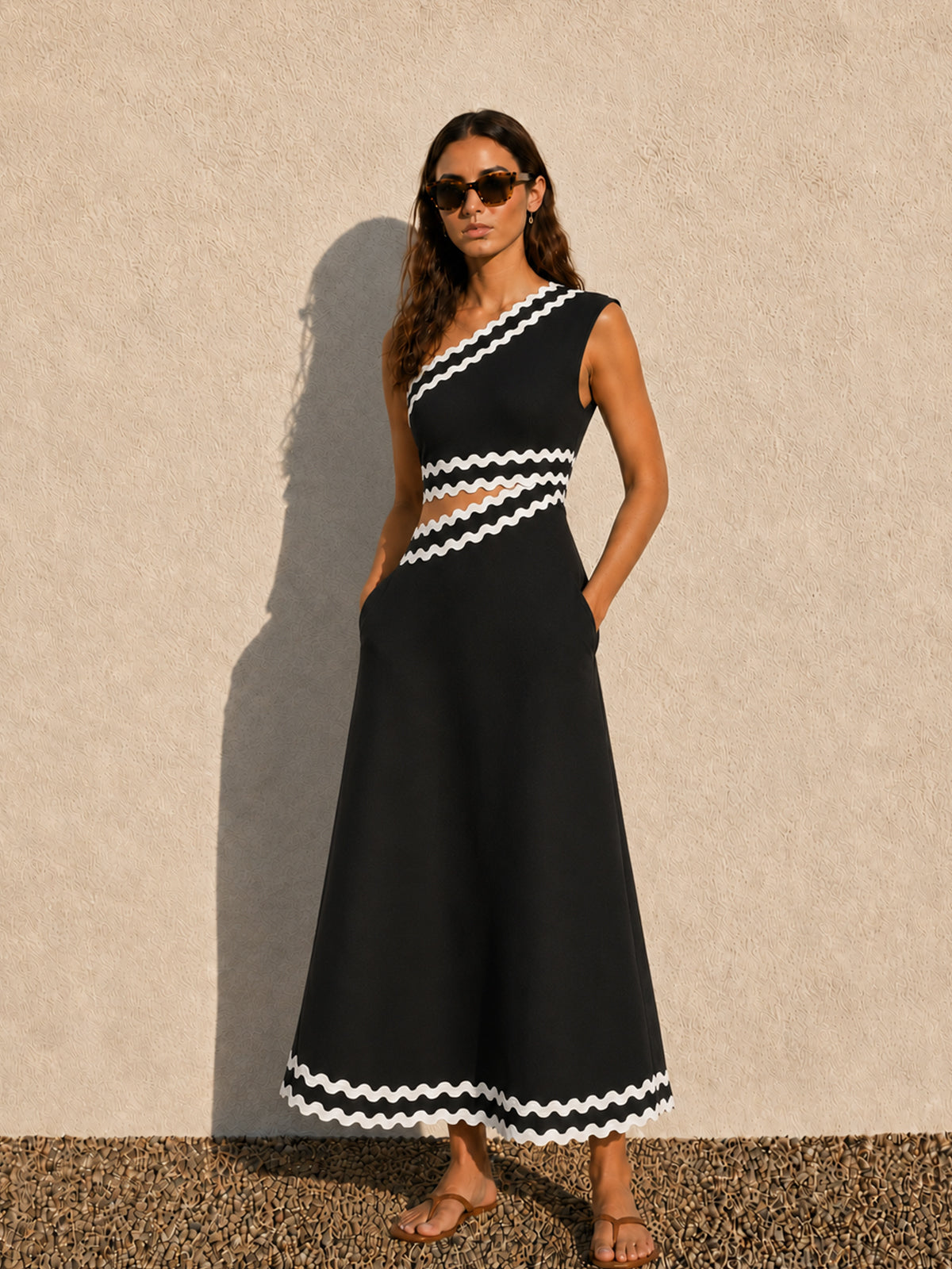 Wave Trim One Shoulder Cutout Midi Dress Elegant Evening Wear