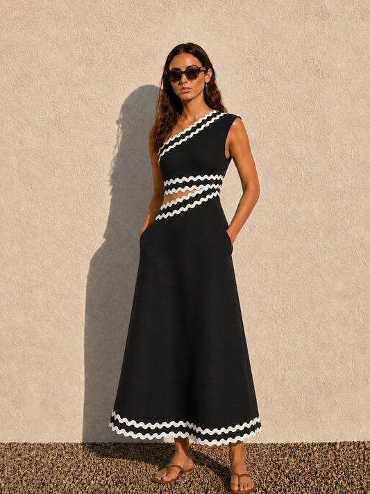 Wave Trim One Shoulder Cutout Midi Dress Elegant Evening Wear