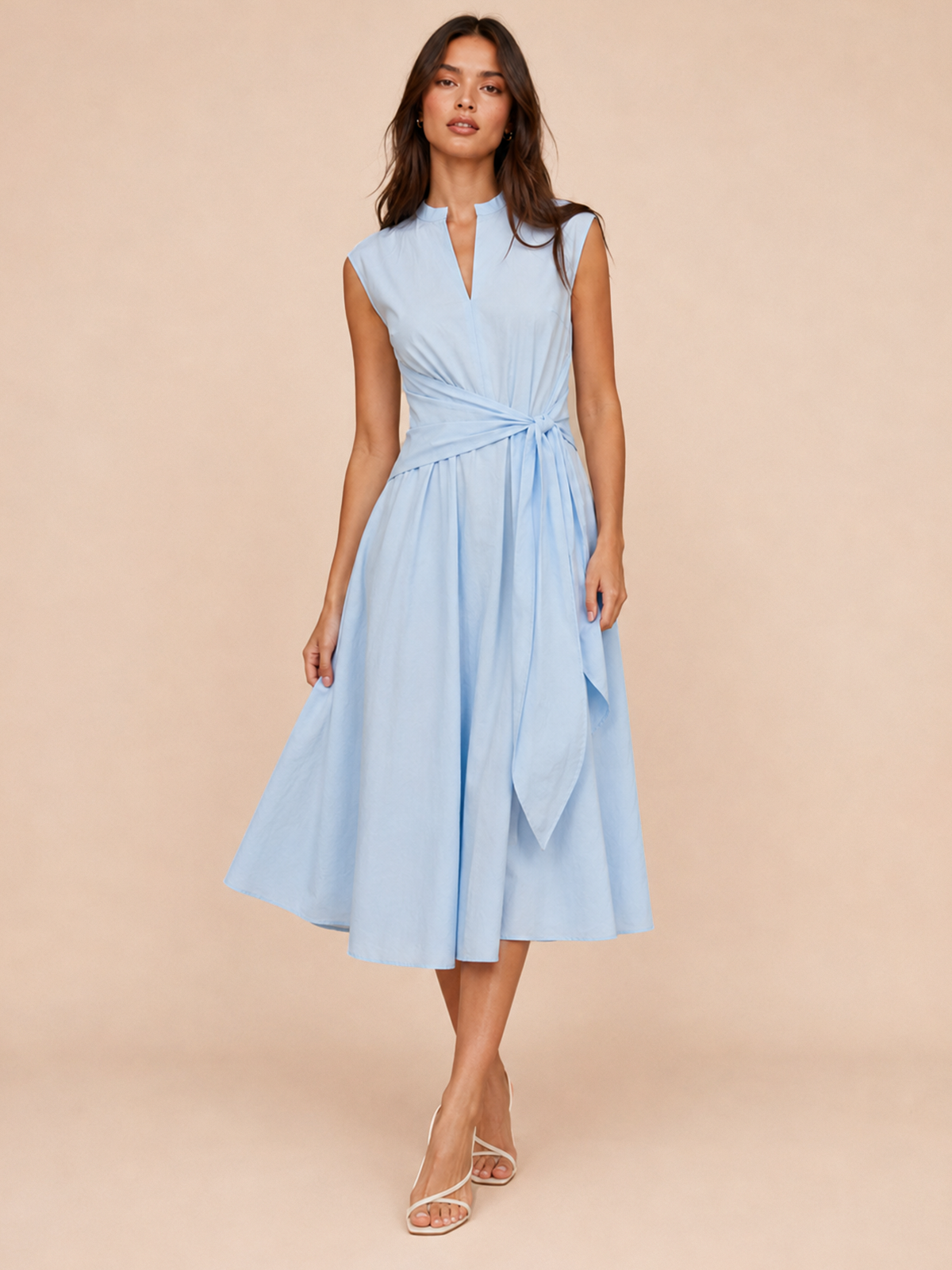 Sleeveless Tie Waist Cotton Blend Midi Dress with Pockets for Women