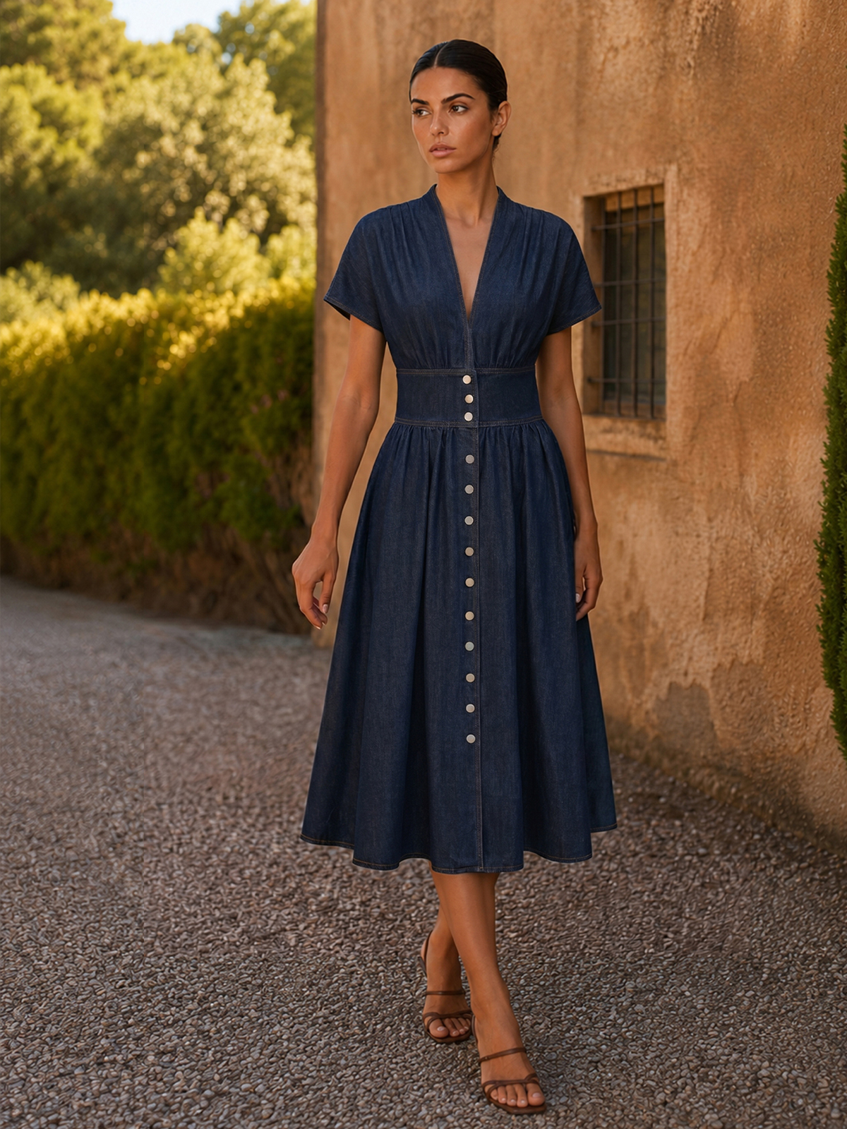 V-Neck Button Down Maxi Denim Dress with Belted Waist