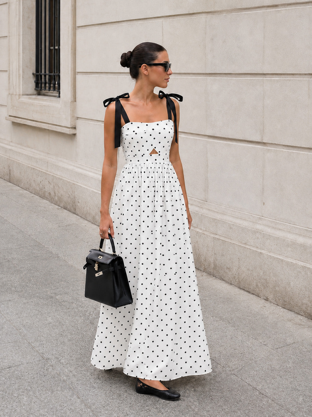 Bow Strap Polka Dot Midi Slip Dress with Ruffle Detail