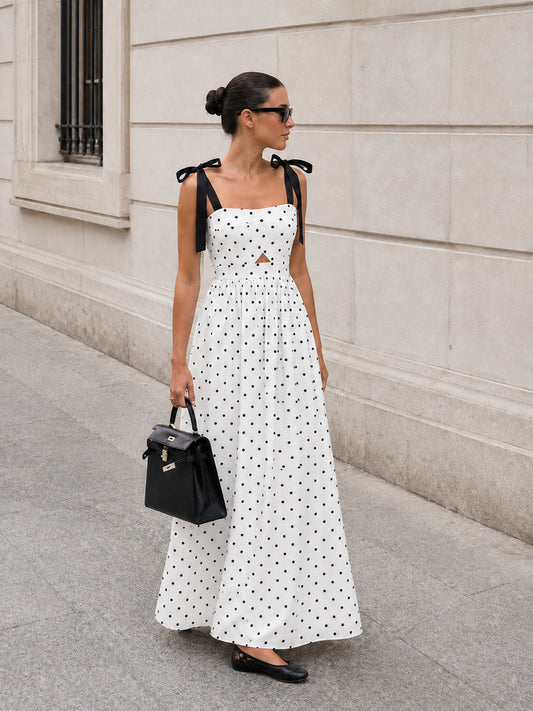 Bow Strap Polka Dot Midi Slip Dress with Ruffle Detail