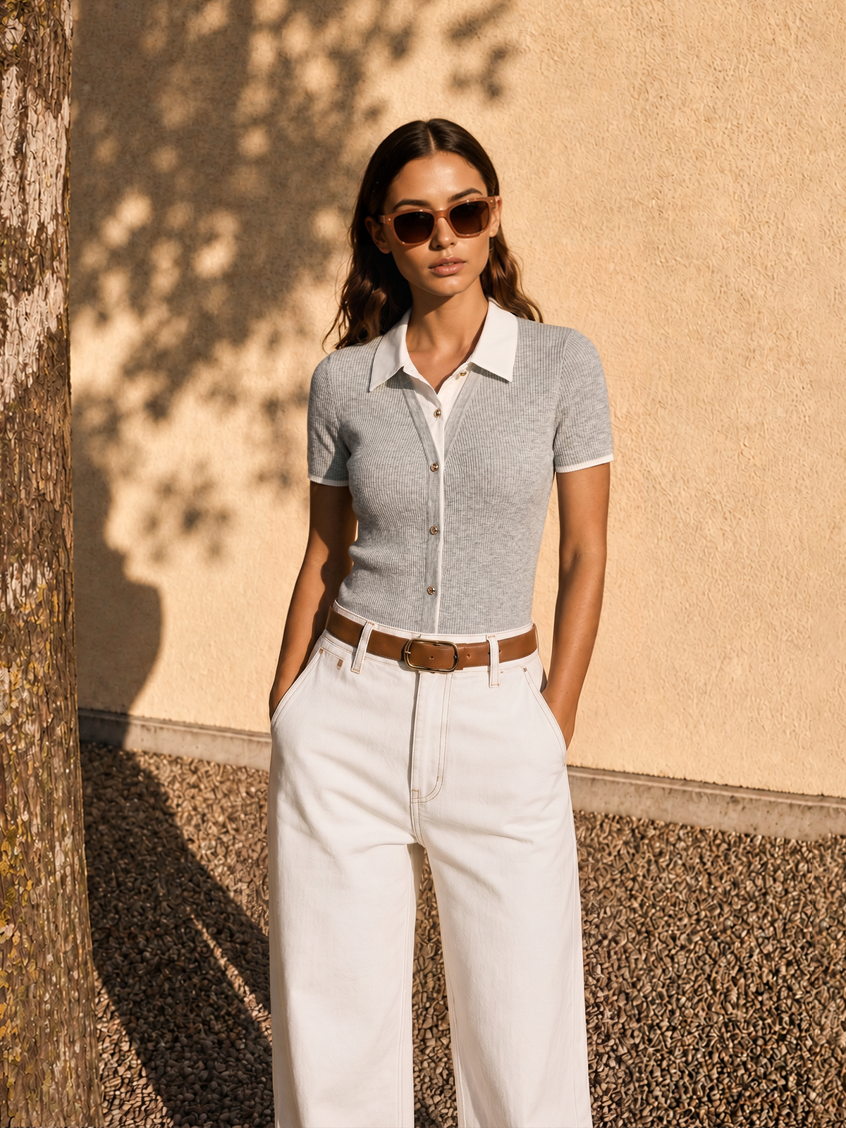 Fake Collar Ribbed Knit Short Sleeve Top Women's Casual Comfort Fit
