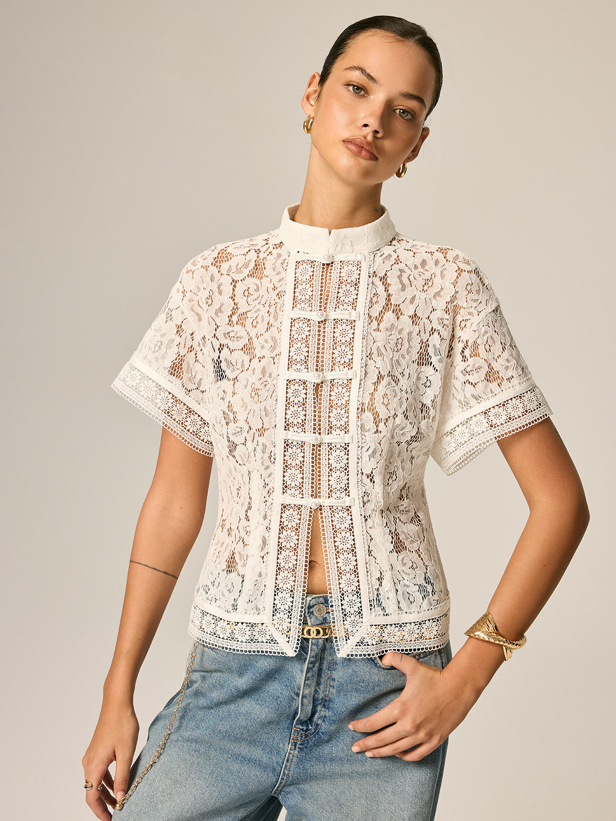 Frog Button Lace Short Sleeve Blouse Traditional Elegant Style