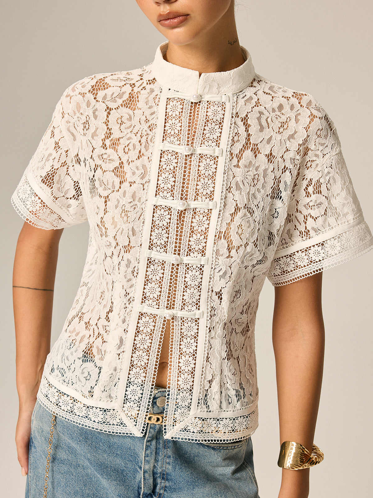 Frog Button Lace Short Sleeve Blouse Traditional Elegant Style