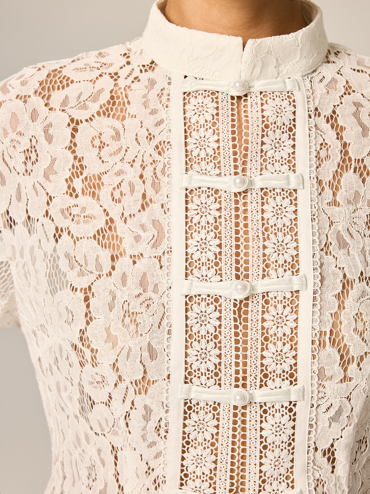 Frog Button Lace Short Sleeve Blouse Traditional Elegant Style