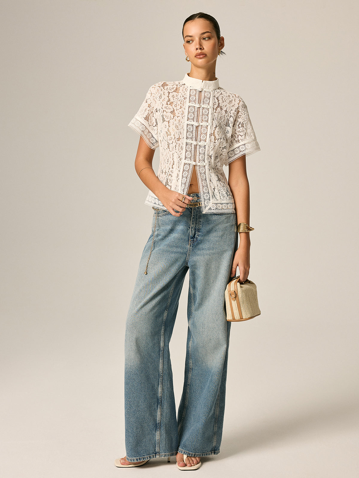 Frog Button Lace Short Sleeve Blouse Traditional Elegant Style