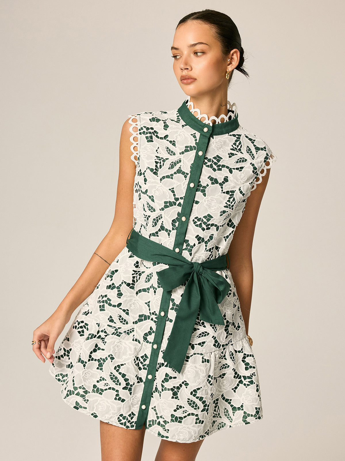 Lace Stand Collar Belted Sleeveless Mini Dress for Women Casual Summer