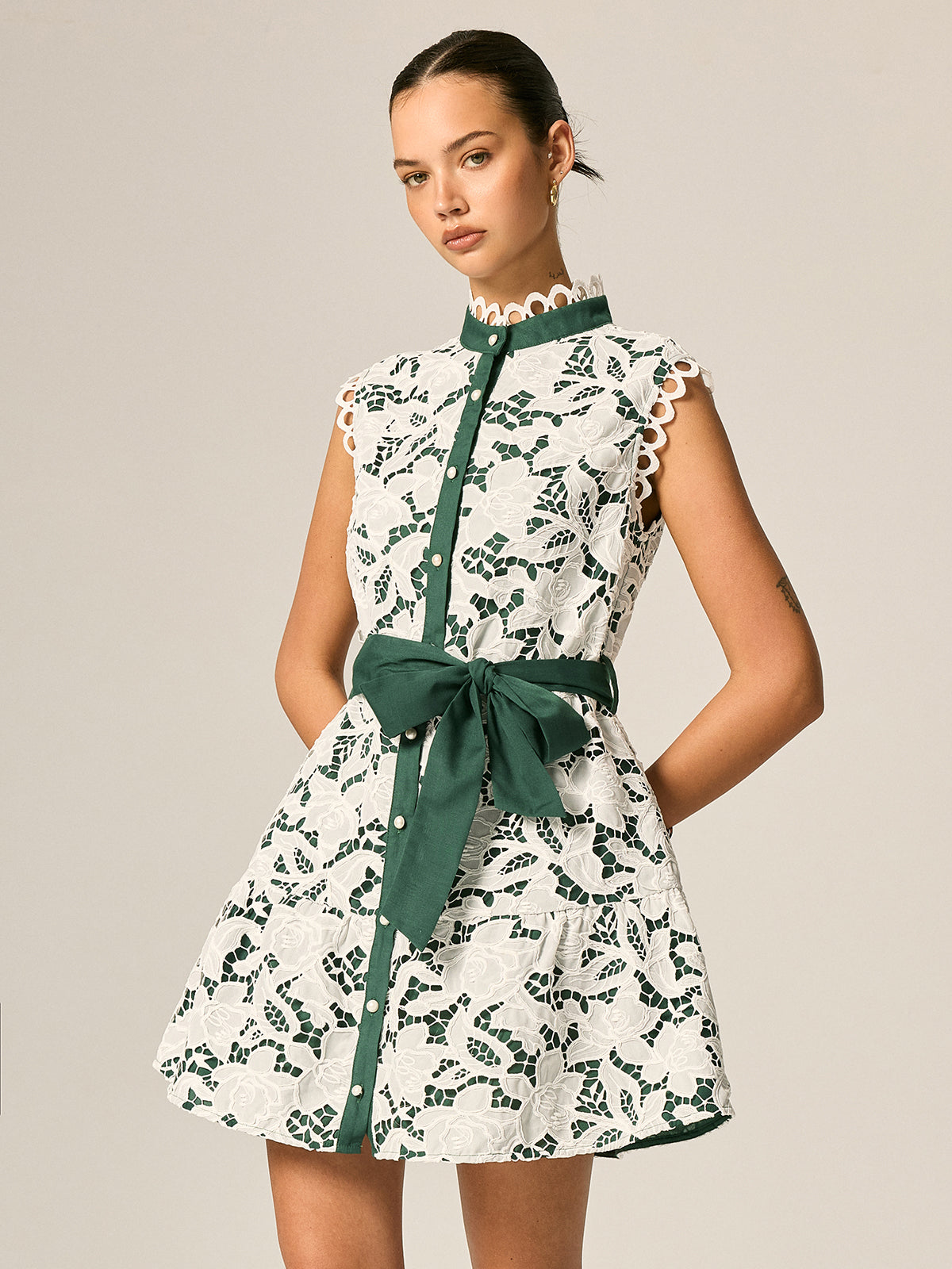 Lace Stand Collar Belted Sleeveless Mini Dress for Women Casual Summer