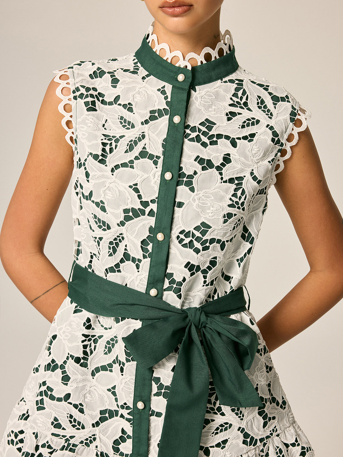 Lace Stand Collar Belted Sleeveless Mini Dress for Women Casual Summer