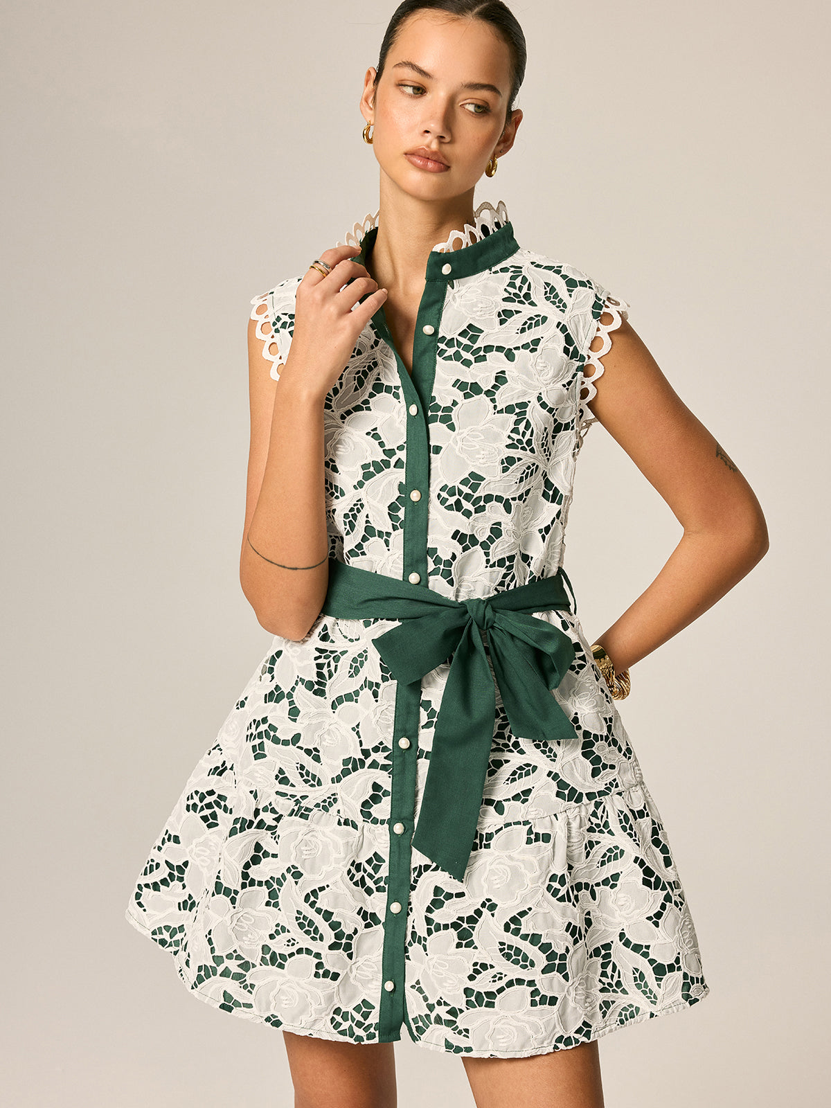 Lace Stand Collar Belted Sleeveless Mini Dress for Women Casual Summer