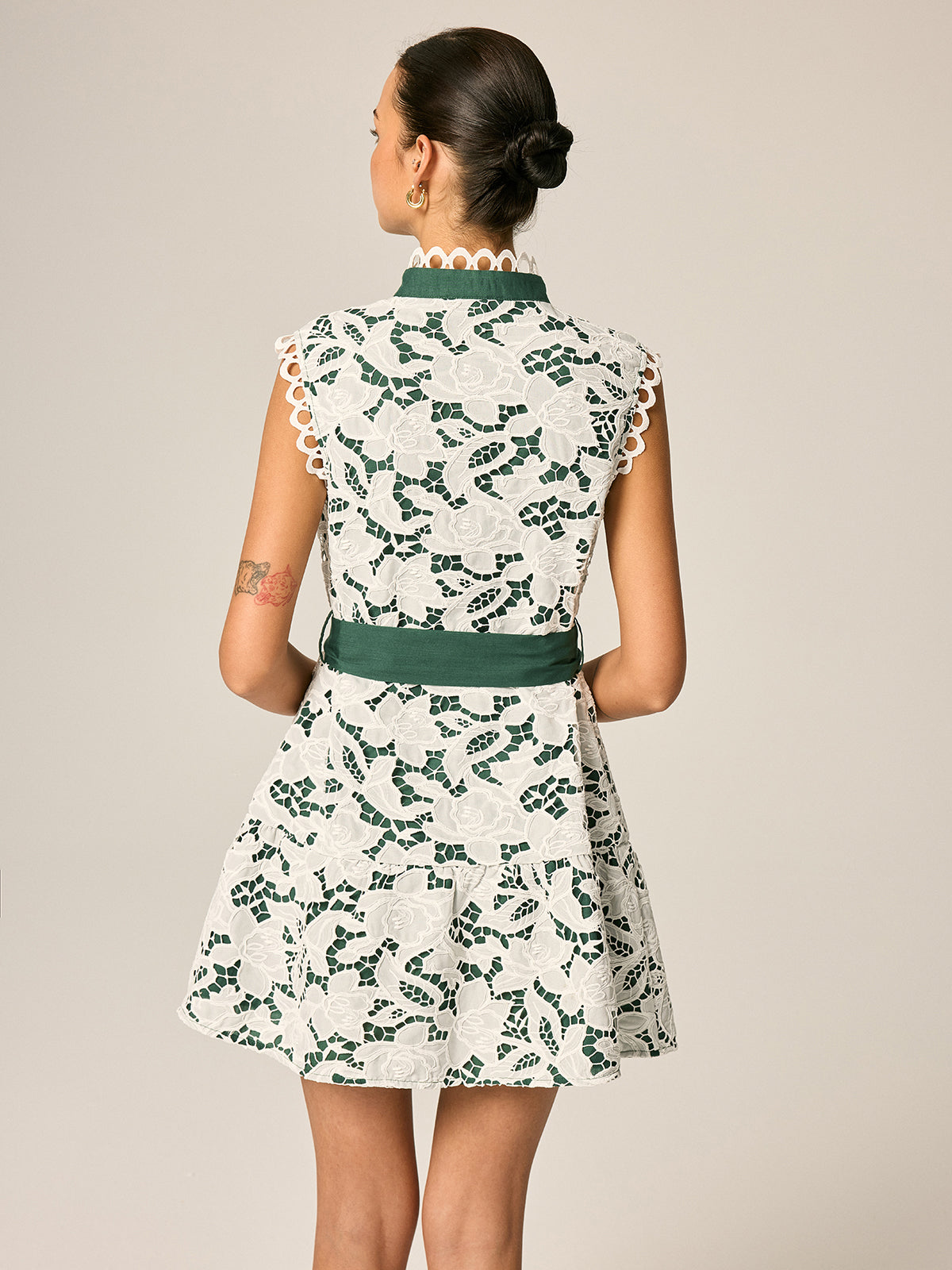 Lace Stand Collar Belted Sleeveless Mini Dress for Women Casual Summer