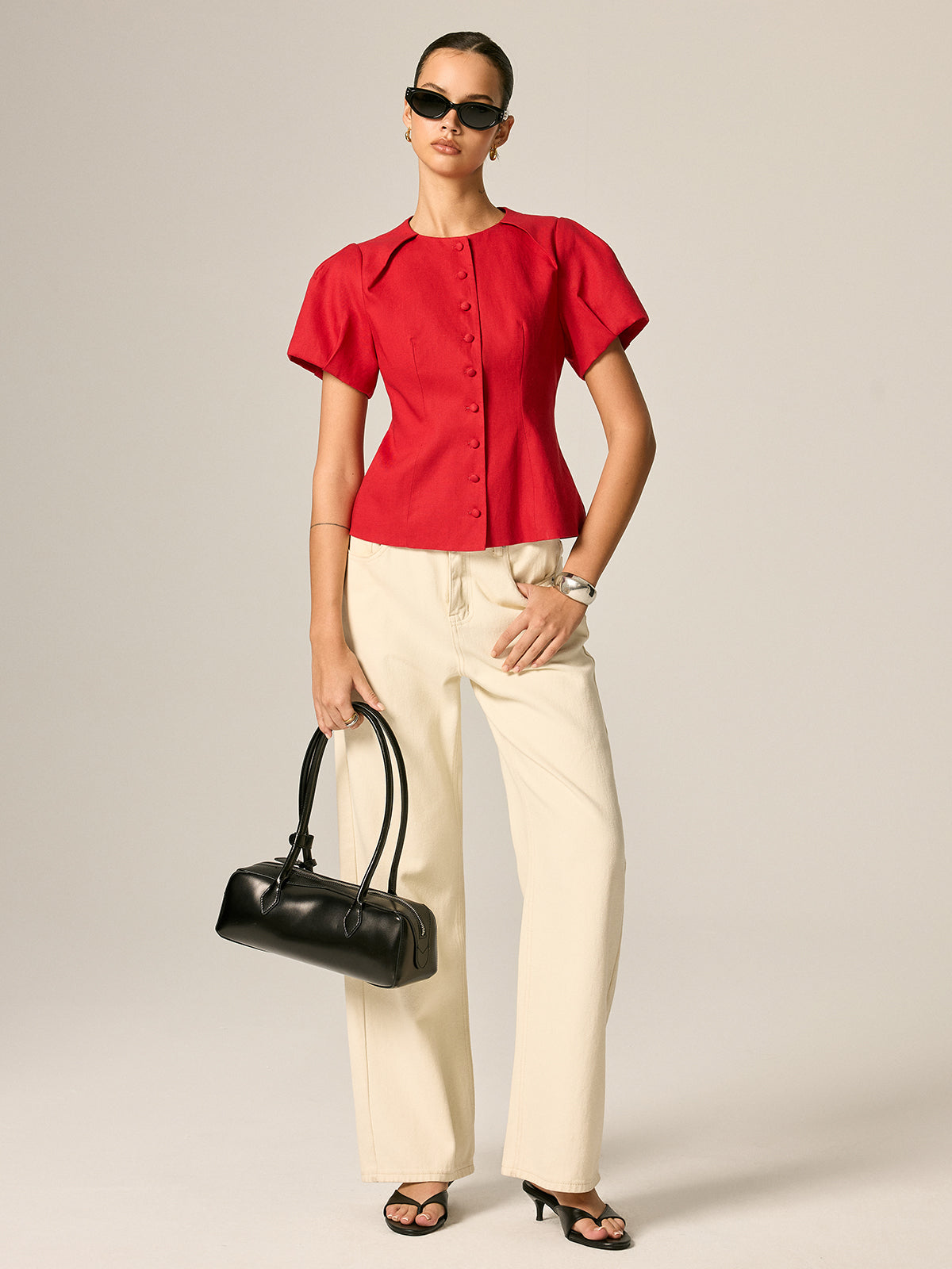 Puff Sleeve Fitted Linen Blend Blouse - Women's Elegant Casual Top