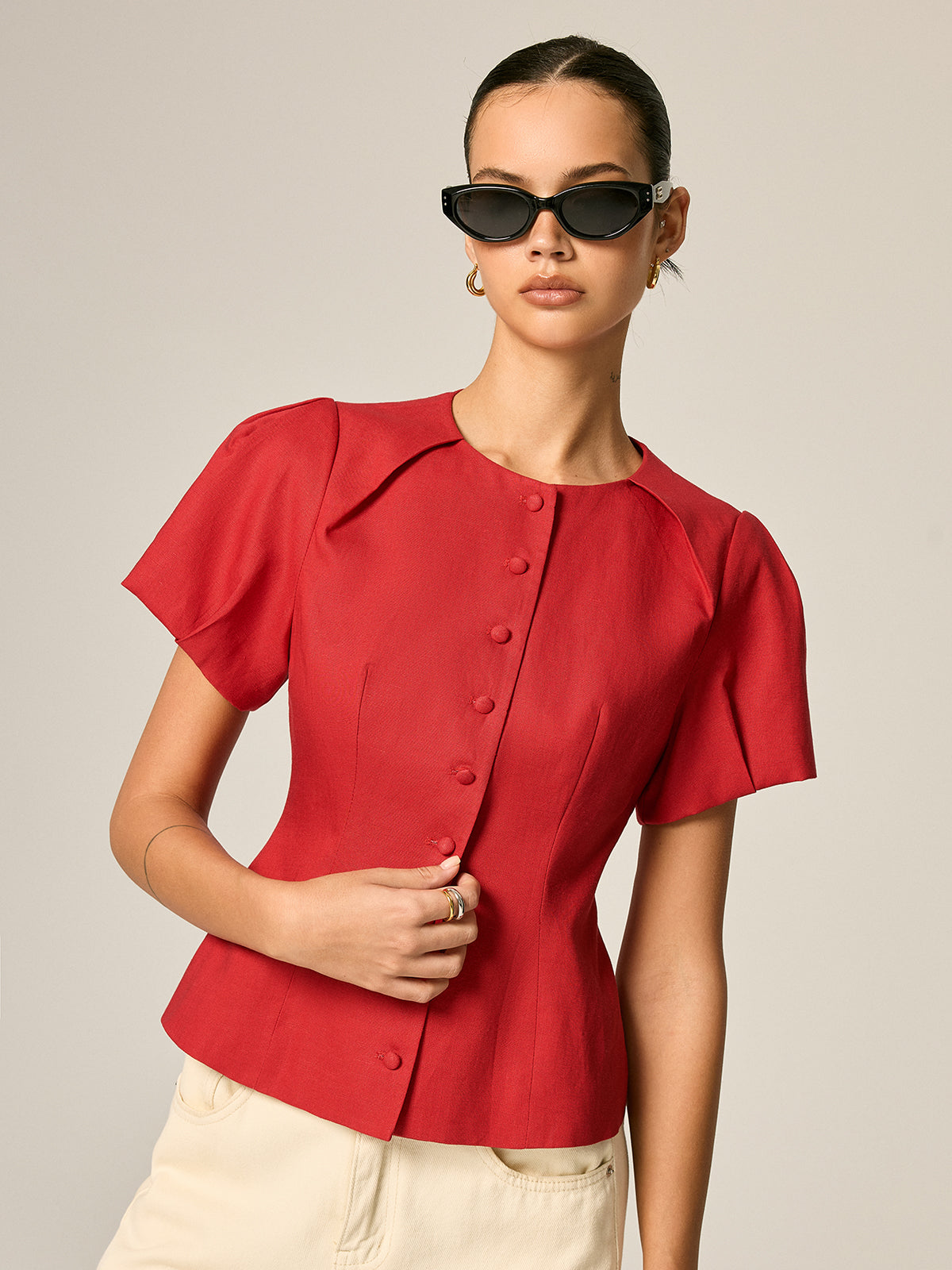 Puff Sleeve Fitted Linen Blend Blouse - Women's Elegant Casual Top