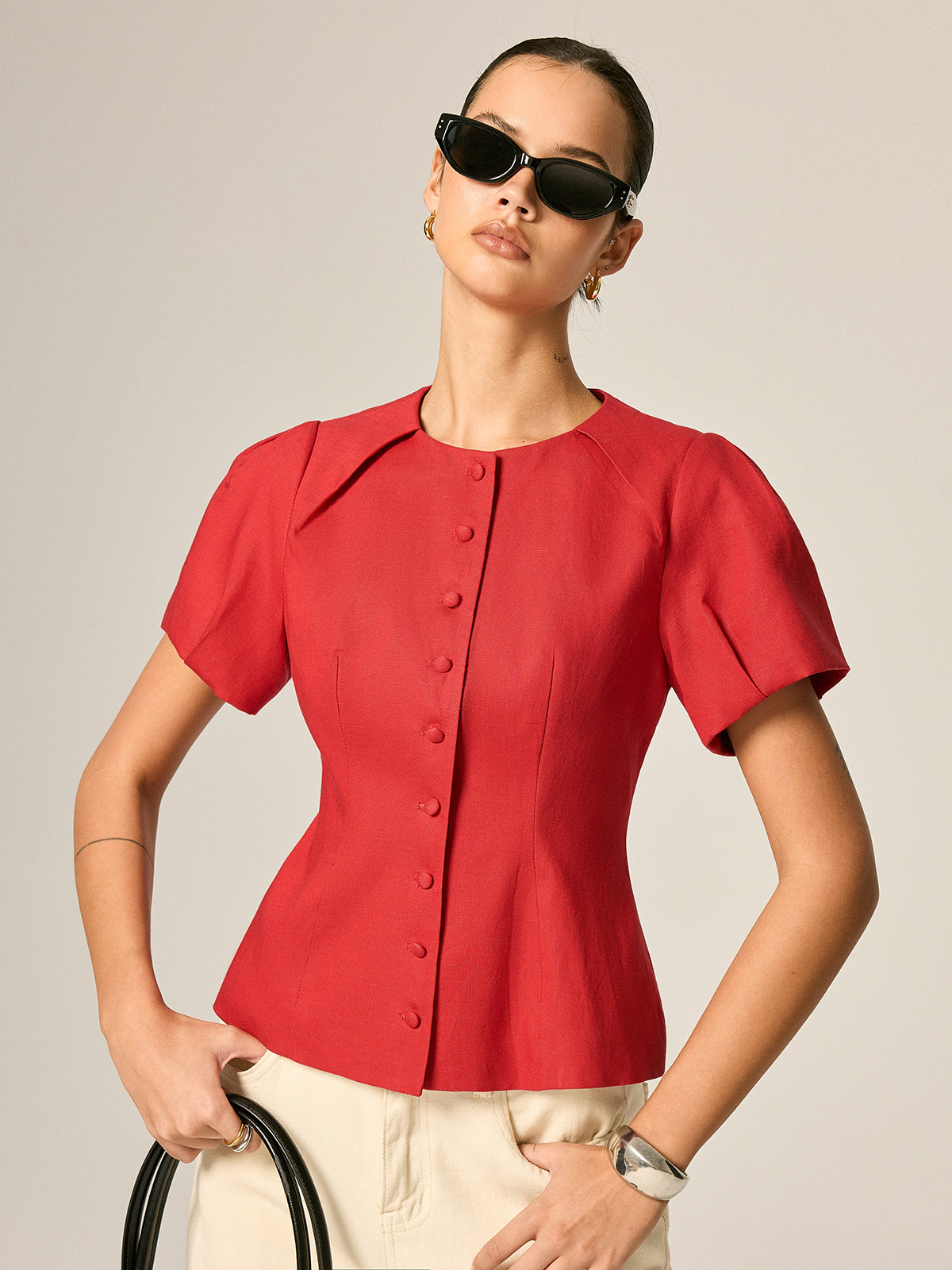 Puff Sleeve Fitted Linen Blend Blouse - Women's Elegant Casual Top