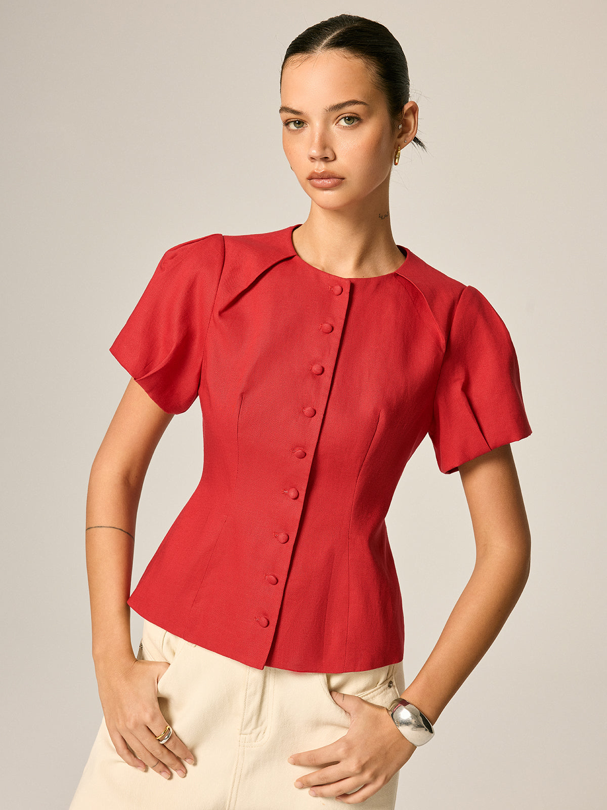 Puff Sleeve Fitted Linen Blend Blouse - Women's Elegant Casual Top