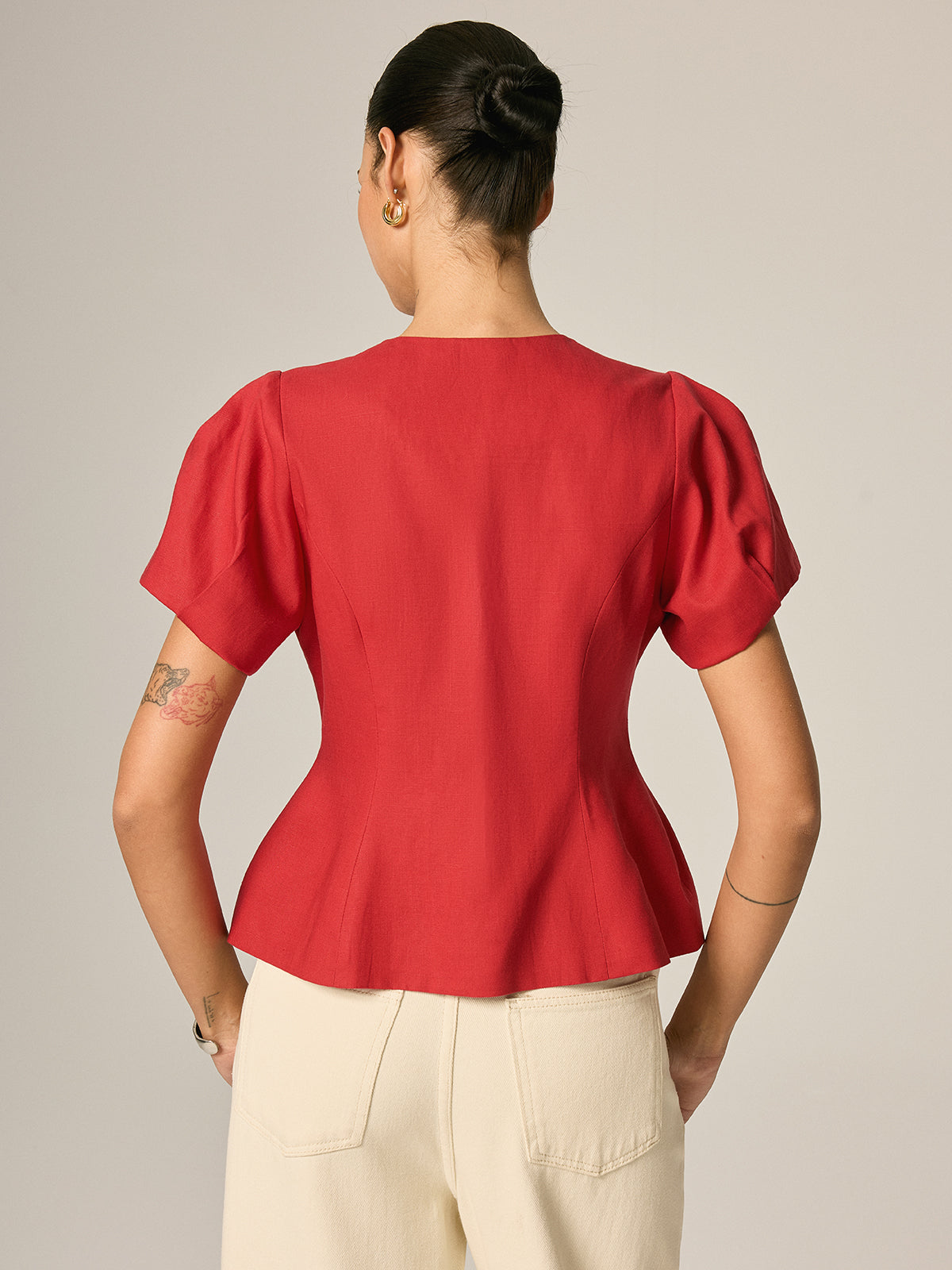Puff Sleeve Fitted Linen Blend Blouse - Women's Elegant Casual Top
