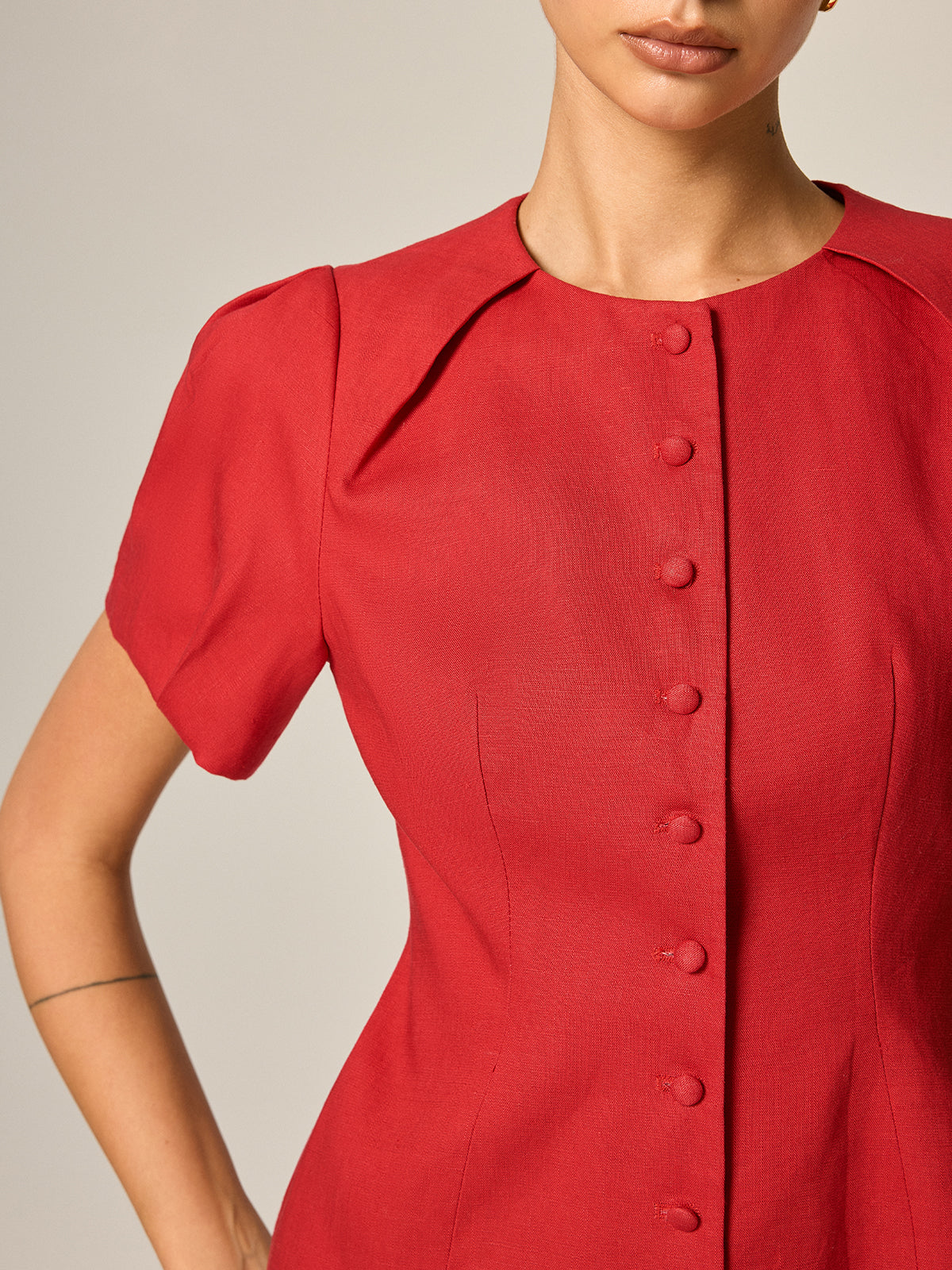 Puff Sleeve Fitted Linen Blend Blouse - Women's Elegant Casual Top