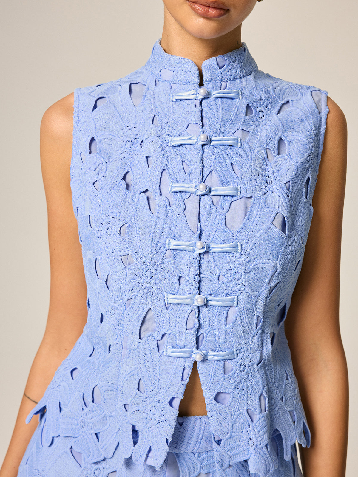 Frog Button Guipure Lace Vest & Pants Set for Elegant Occasions