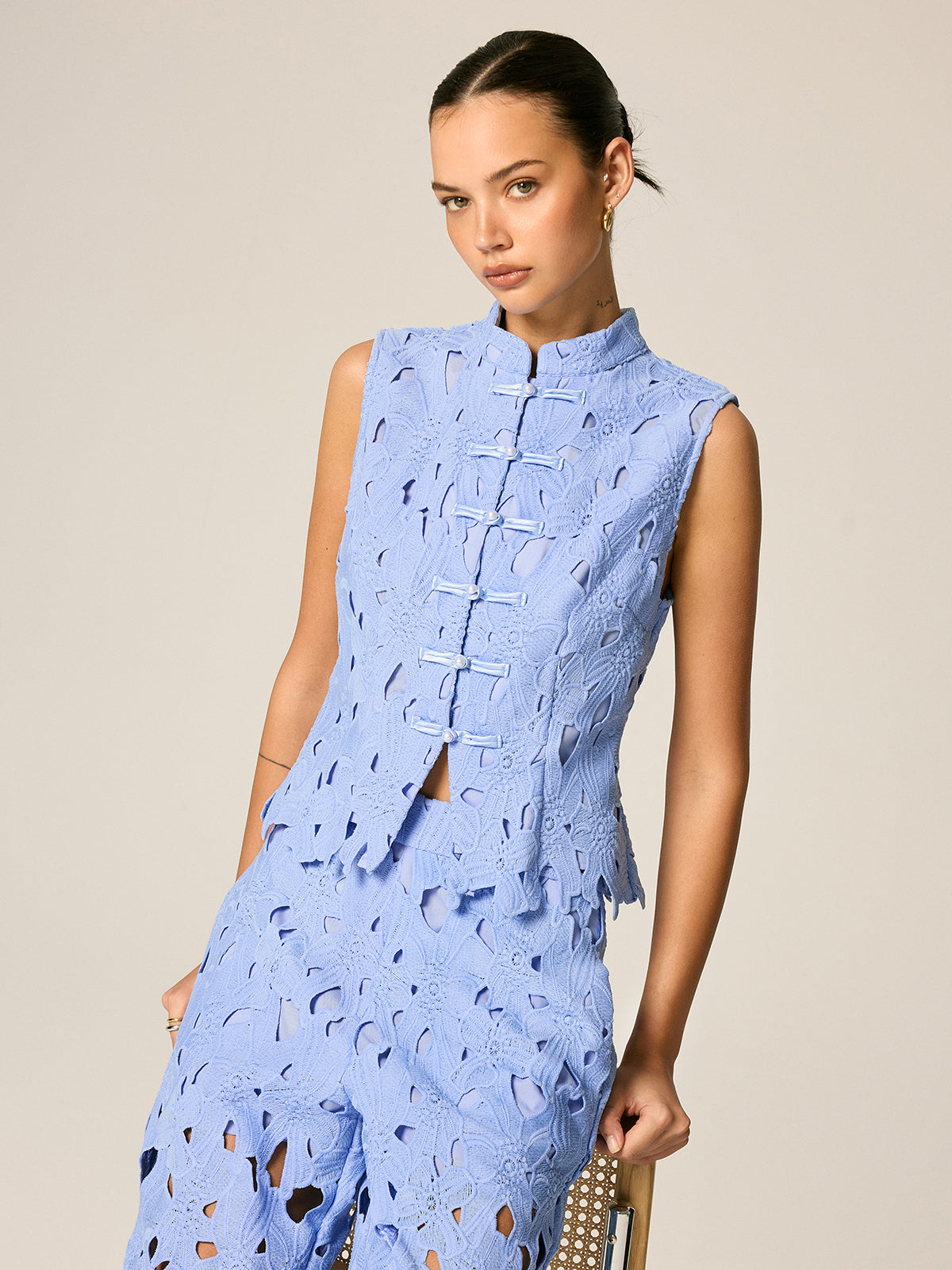 Frog Button Guipure Lace Vest & Pants Set for Elegant Occasions