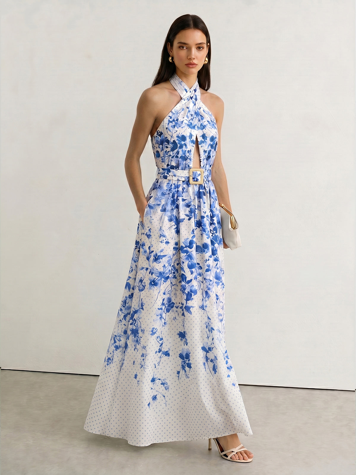 Floral Print Polka Dot Halter Belted Maxi Dress for Women Summer Casual